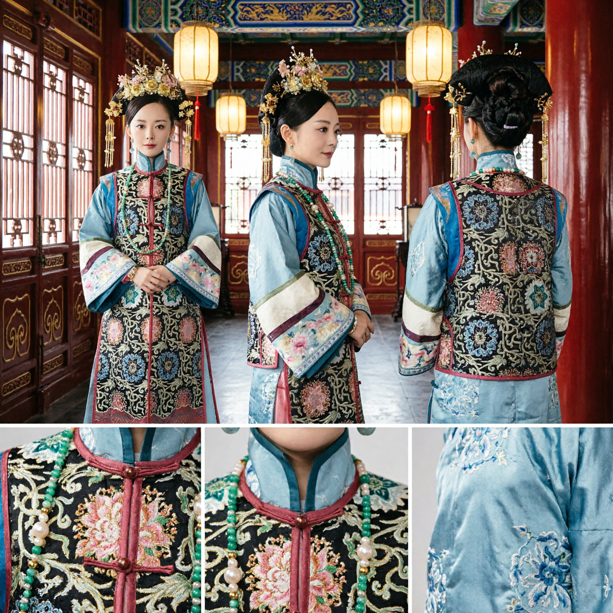 Costume traditionnel chinois de noble mandchoue de la dynastie Qing, robe brodée et coiffe pour femmes pour cosplay - Asian Costume