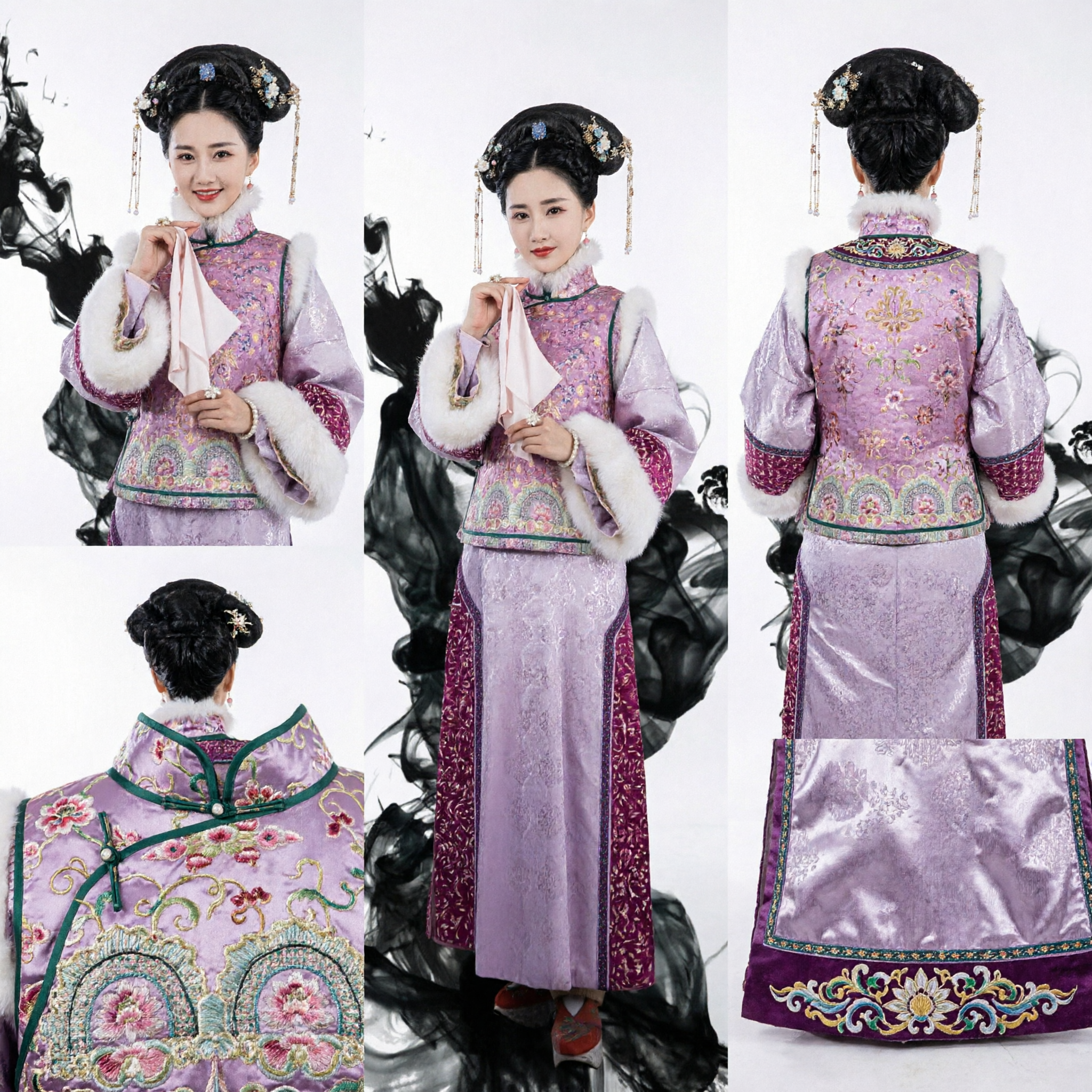 Conjunto de Traje Tradicional Chino de Princesa Manchú de la Dinastía Qing, Túnica Bordada con Flores Púrpuras y Ribete de Piel con Tocado - Asian Costume