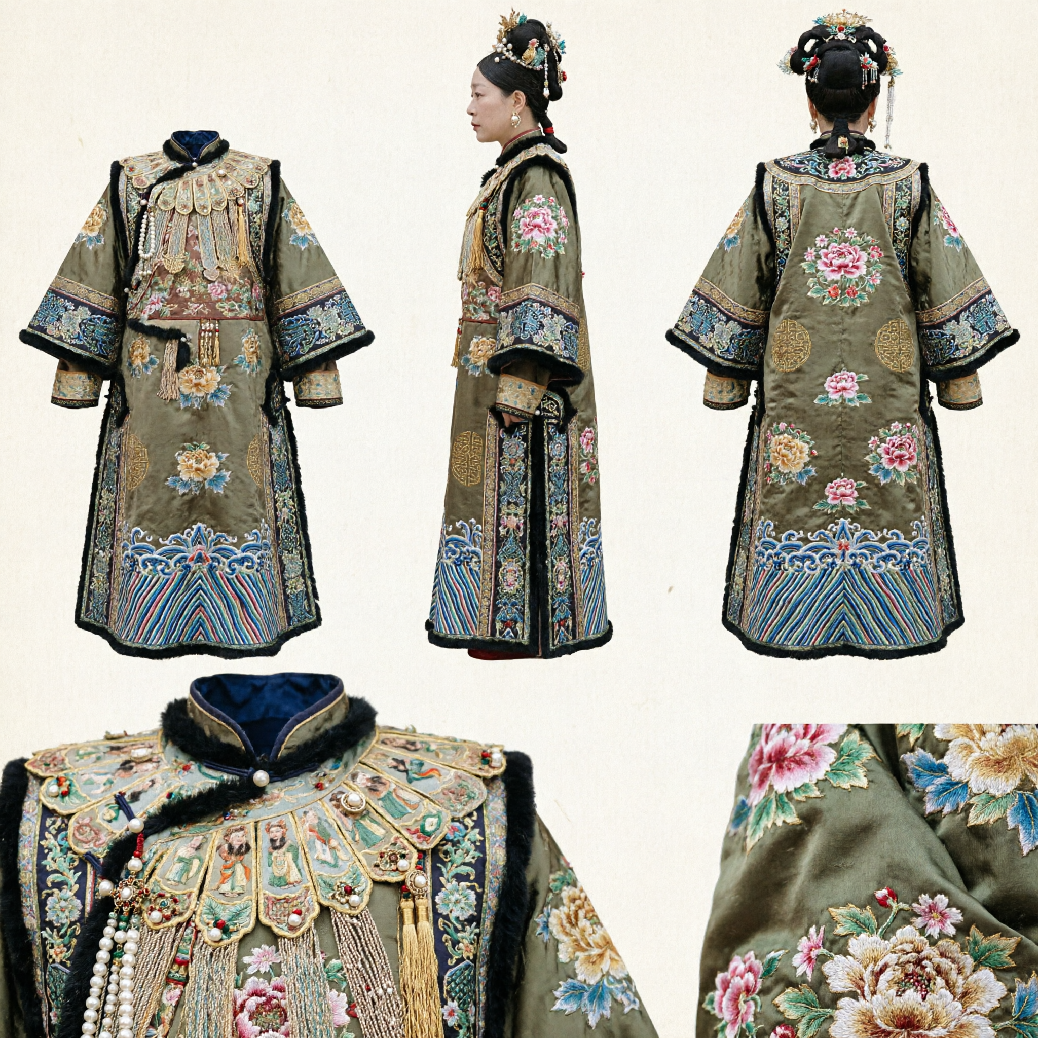 Conjunto Completo de Traje de Túnica de Palacio y Tocado de la Emperatriz Viuda Cixi de la Dinastía Qing Tradicional China para Mujeres - Asian Costume