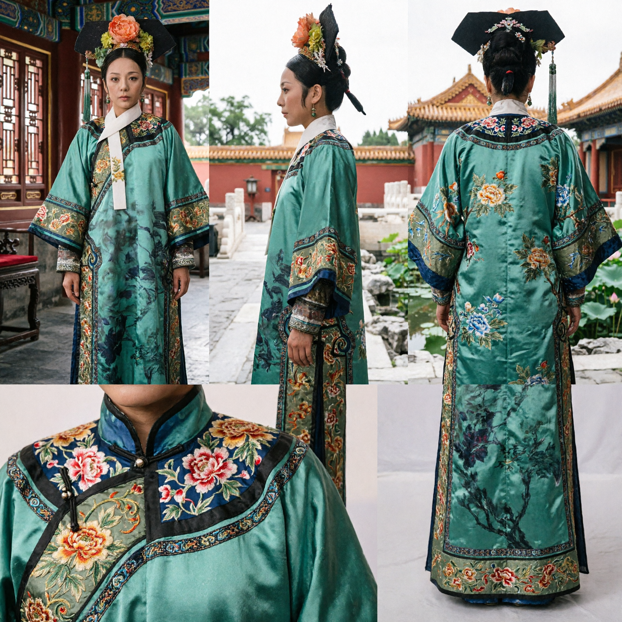 Costume da Concubina di Palazzo della Dinastia Qing Antico Cinese in Seta Ricamata Verde per Donne, Cosplay e Spettacoli - Asian Costume