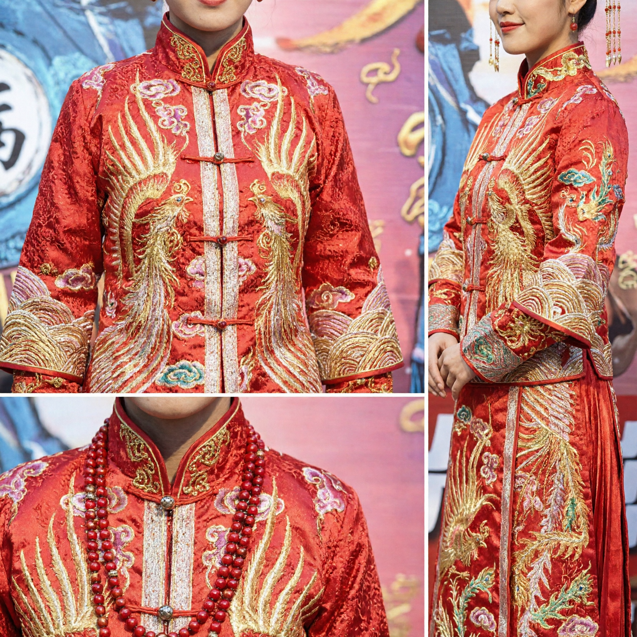 伝統中国 花嫁衣装 女性用 赤色龍鳳刺繍ガウン 髪飾り付き - Asian Costume