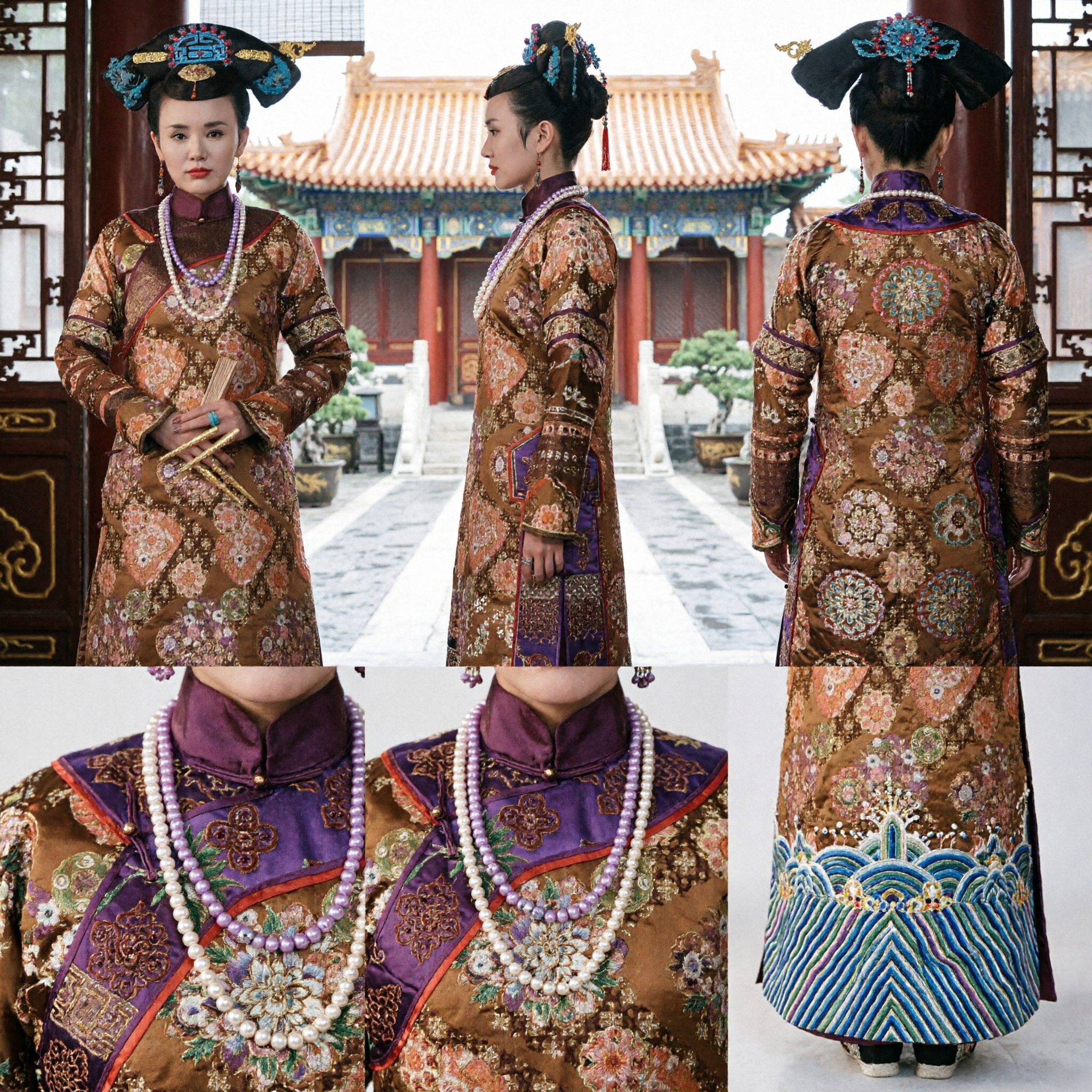 Costume de Princesse Mandchoue de la Dynastie Qing Chinoise Ancienne - Ensemble de Robe de Dame du Palais Traditionnelle et Coiffe pour Femme - Asian Costume