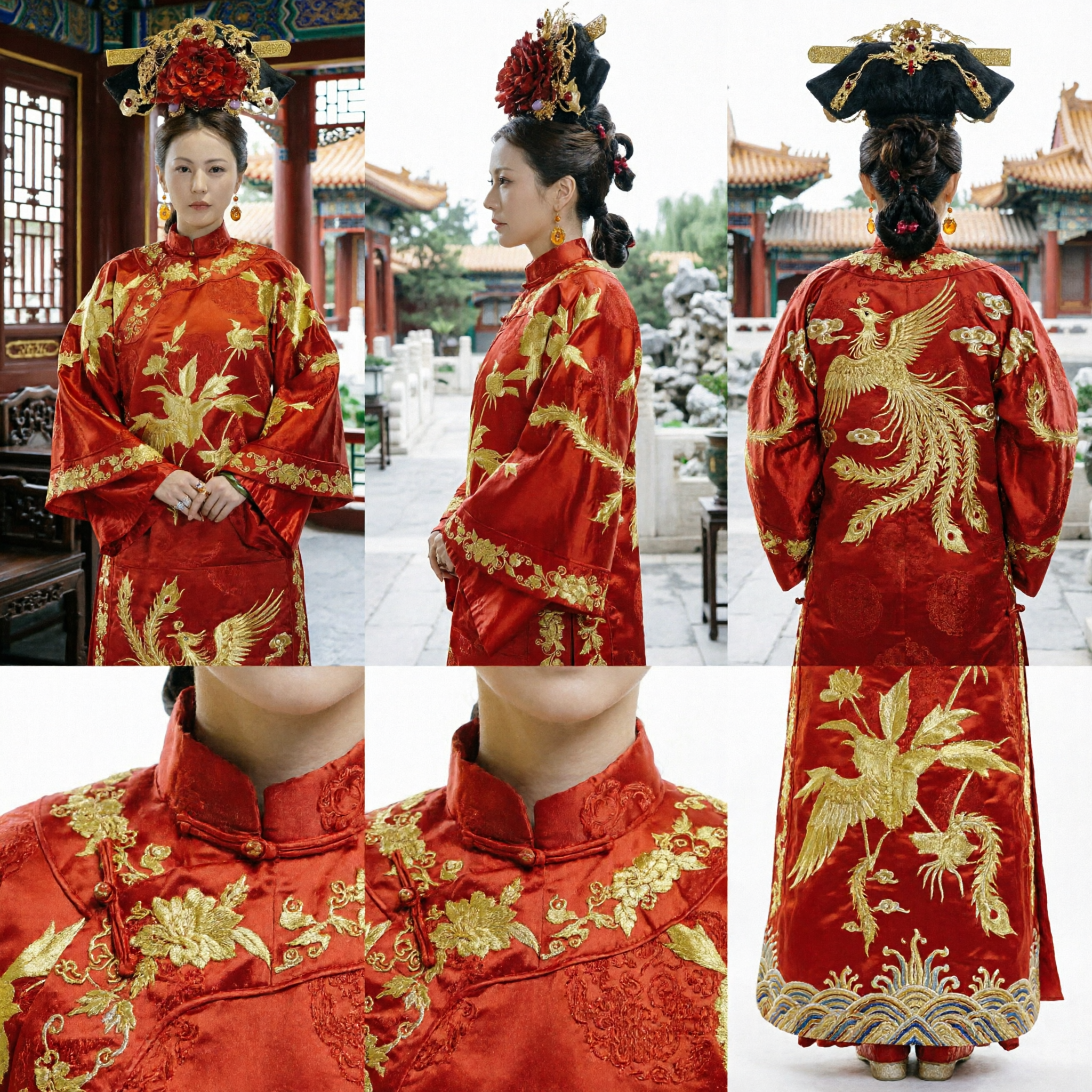 Traditioneel Chinees Qing-dynastie Mantsjoe Paleisdame Kostuum Rood Goud Borduursel Trouwjurk voor Vrouwen - Asian Costume
