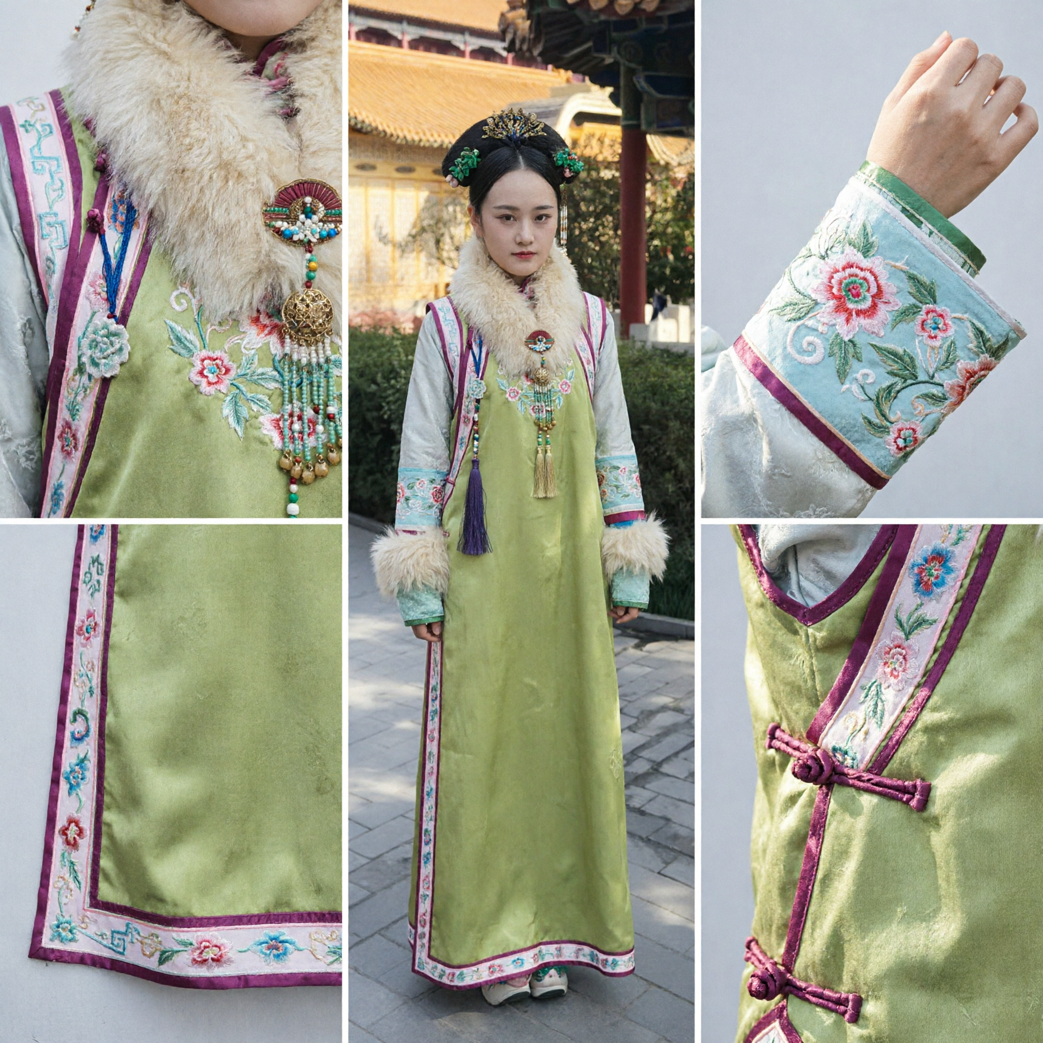 Traditional Chinese Qing Dynasty Manchu Princess Costume Green Silk Robe with White Fur Collar for Women - Asian Costume