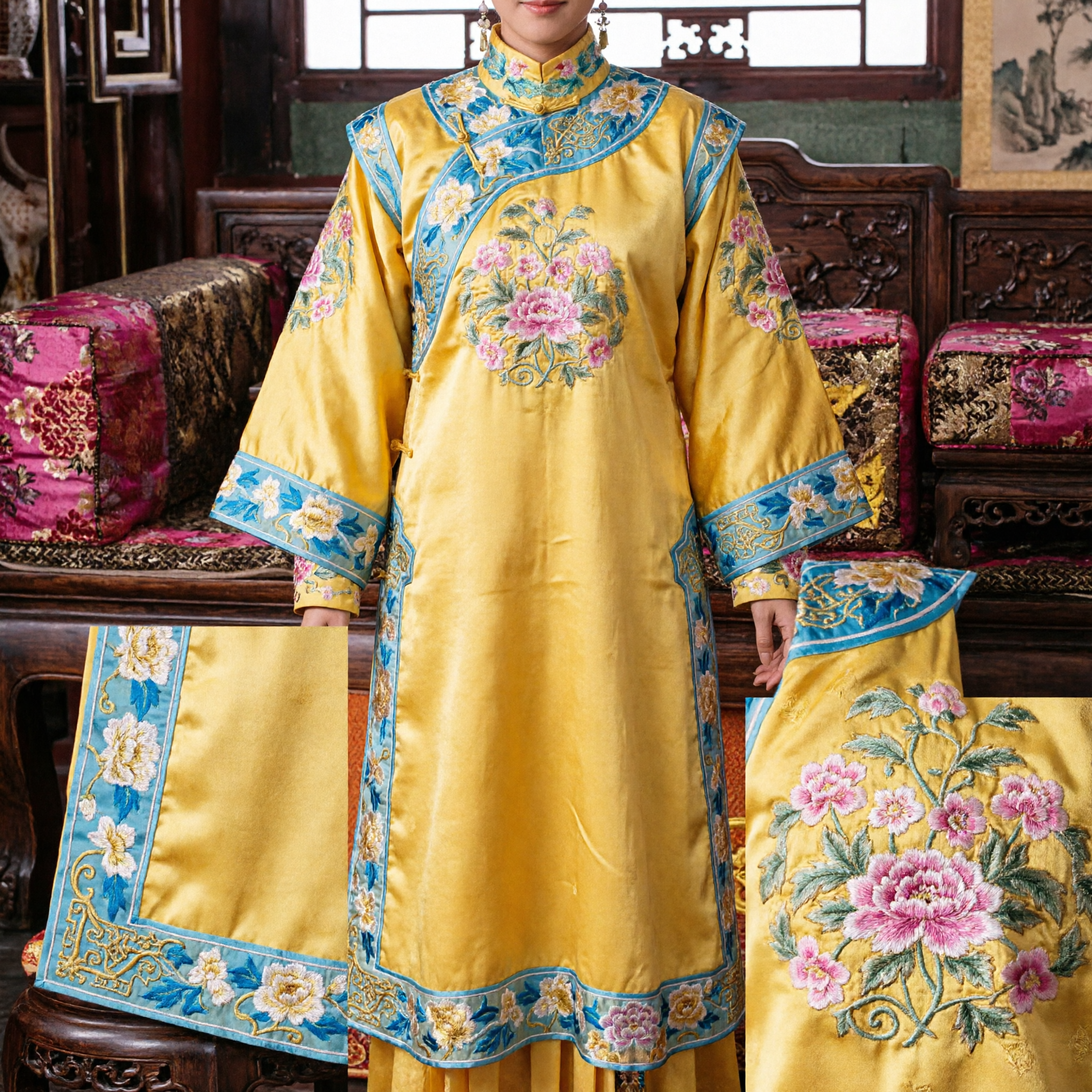Túnica Amarilla de Emperatriz de la Dinastía Qing China Antigua Traje Manchú Tradicional para Cosplay y Representación de Mujer - Asian Costume