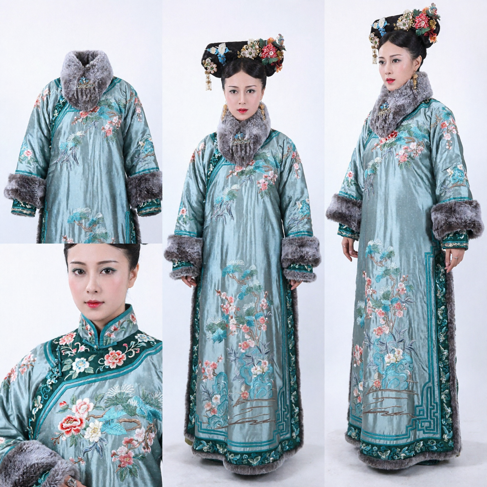 Traje de Princesa Manchu da Dinastia Qing Chinesa Tradicional Robe de Seda Azul Bordado de Imperatriz Antiga com Gola de Pele para Mulheres - Asian Costume