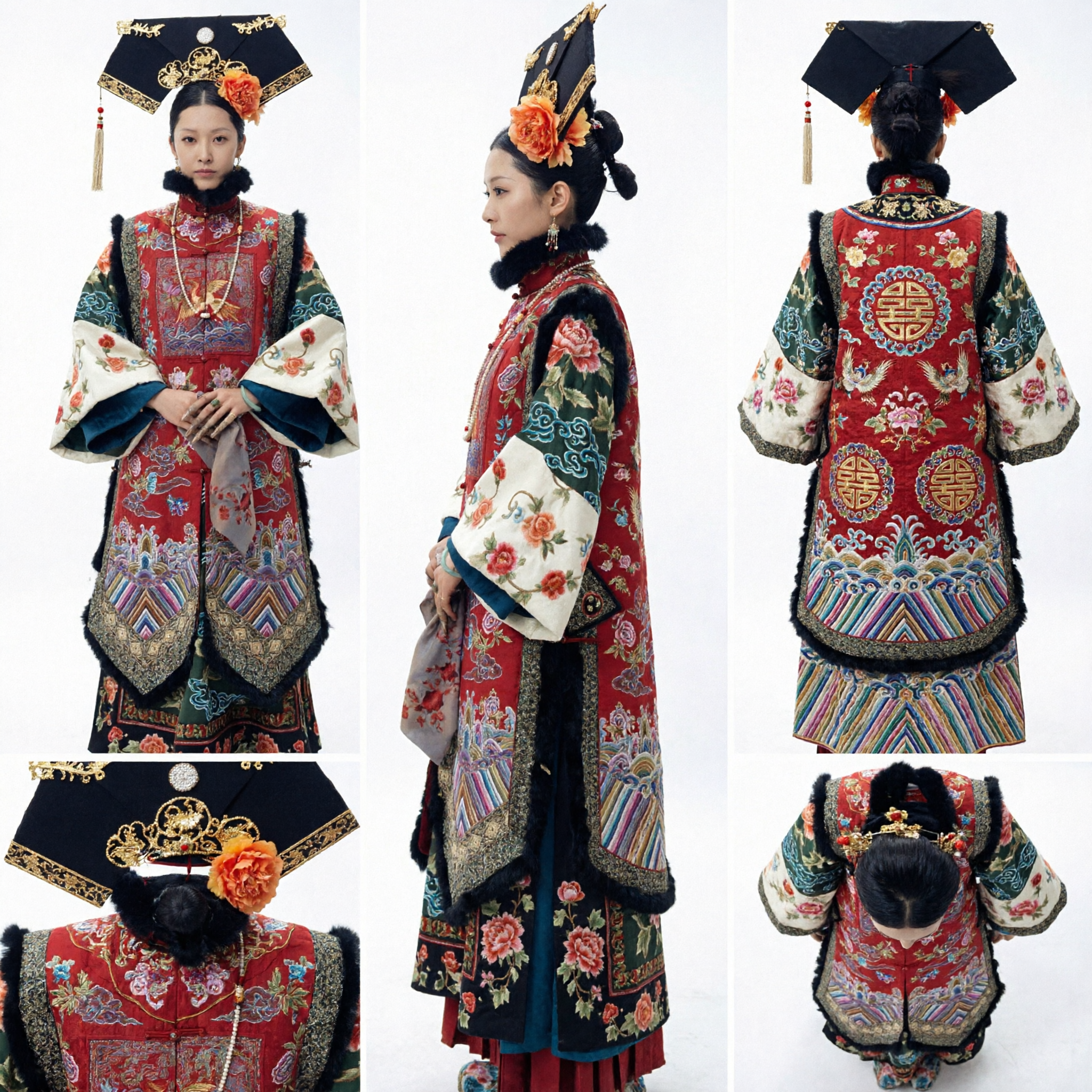 Costume traditionnel chinois de la dynastie Qing, impératrice mandchoue, robe brodée rouge avec coiffe pour femmes - Asian Costume