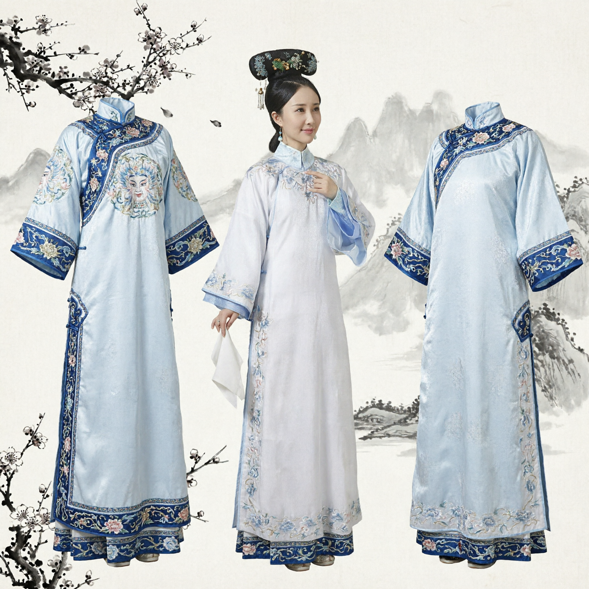 우아한 화이트 청나라 궁녀 의상 전통 만주 자수 창산 드레스 여성 역사 코스프레 - Asian Costume