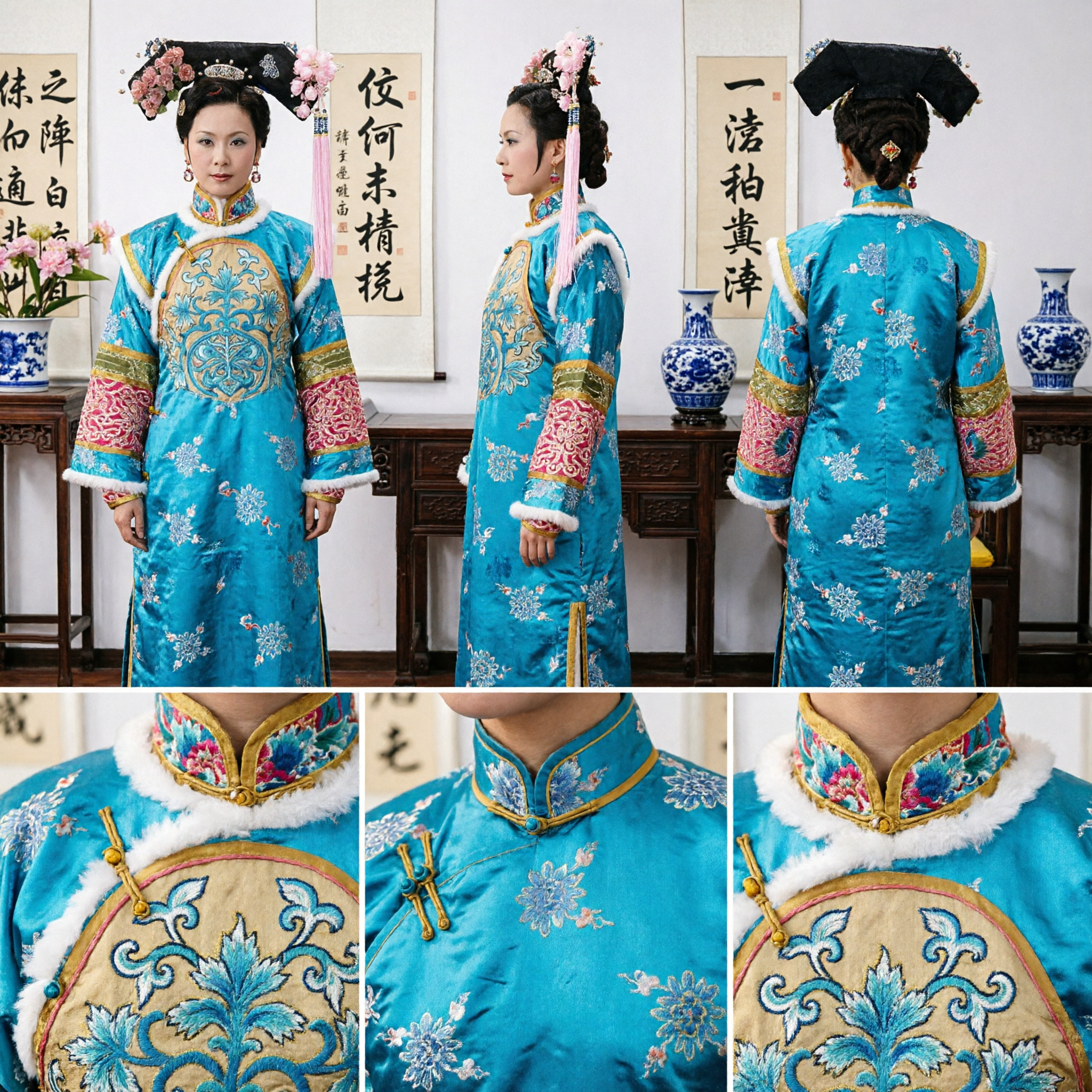伝統的中国 清朝満州族側室衣装 青い刺繍シルクローブと髪飾り 女性用 - Asian Costume