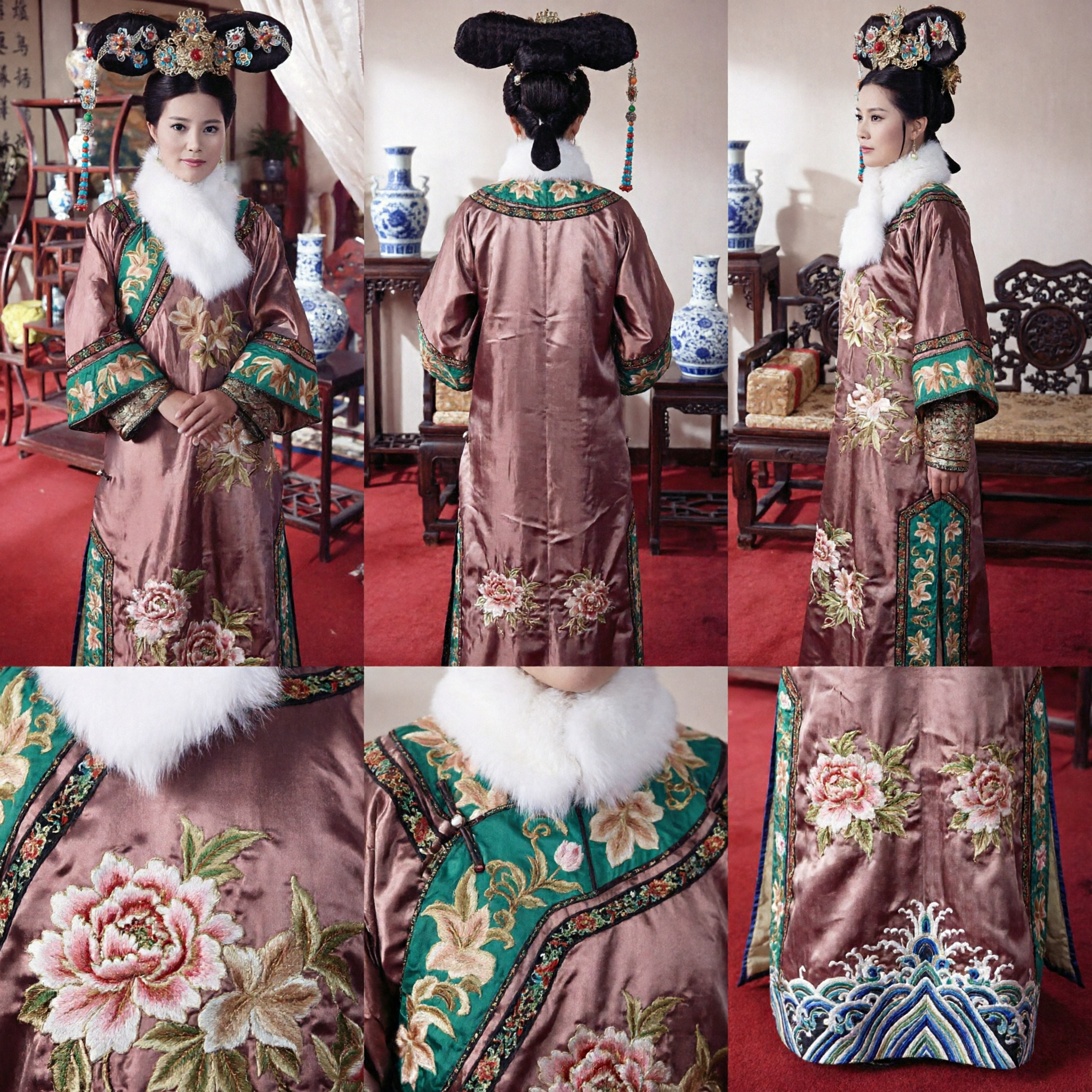 Costume d'impératrice mandchoue de la dynastie Qing pour femmes - Ensemble robe traditionnelle chinoise ancienne de dame du palais et coiffe - Asian Costume