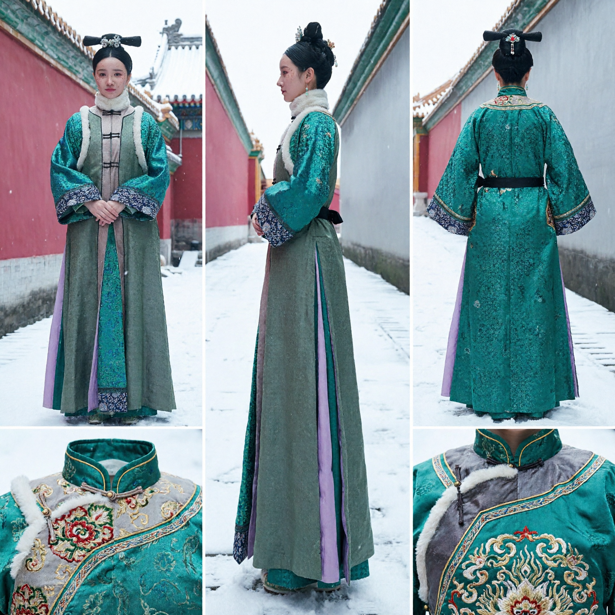Green Qing Dynasty Manchu Princess Embroidered Robe Traditional Chinese Ancient Costume for Women Photography - Asian Costume