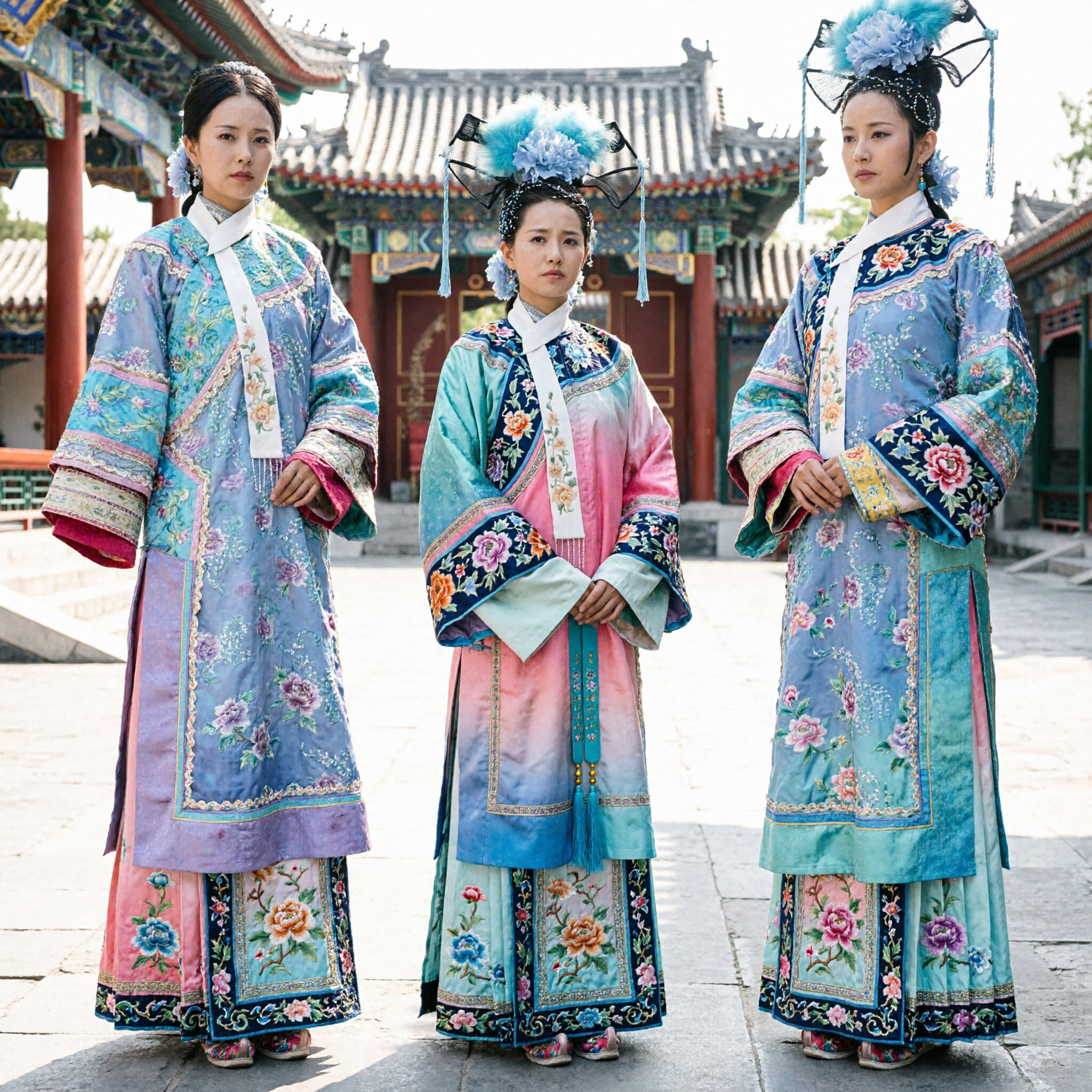 Antiek Chinees Qing-dynastie Paleis Dame Kostuum Traditioneel Mantsjoe Geborduurd Blauw Gewaad met Hoofddeksel voor Vrouwen Cosplay - Asian Costume