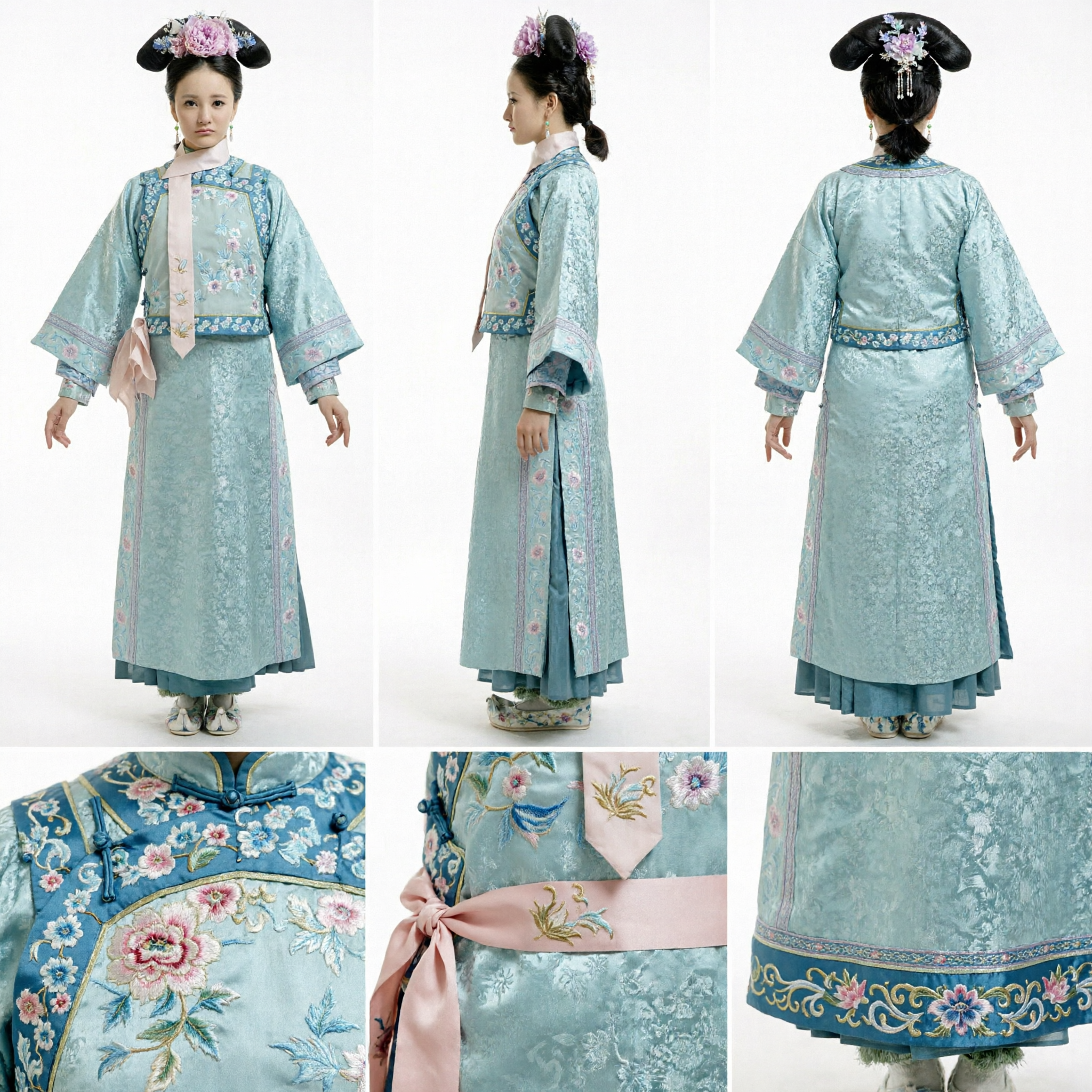 Traje de Princesa Manchú de la Dinastía Qing Tradicional Chino Vestido de Dama Palaciega Azul Claro Bordado para Cosplay - Asian Costume