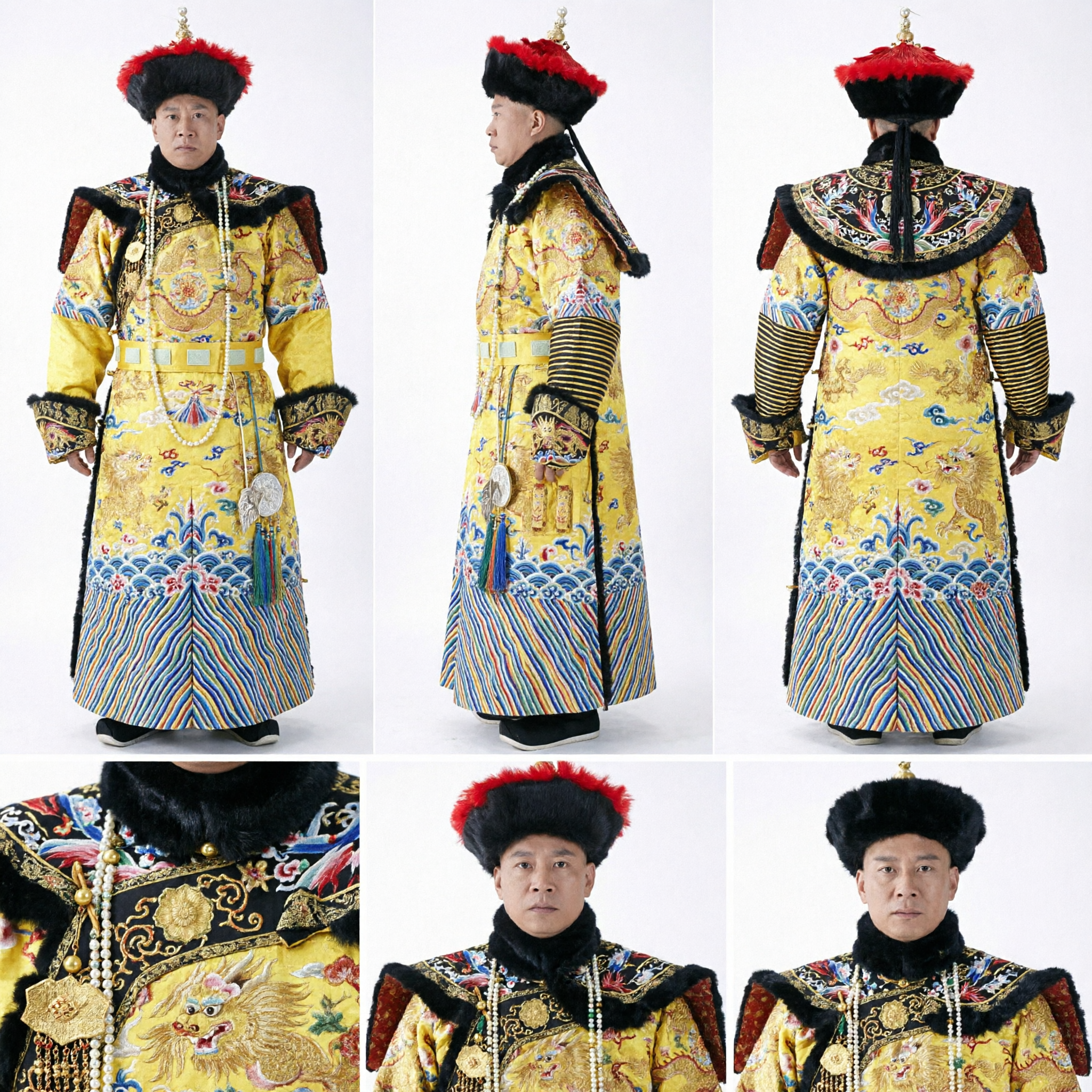 Mannen Traditioneel Chinees Qing-dynastie Keizer Kostuum Geel Drakengewaad met Bontmuts voor Cosplay - Asian Costume