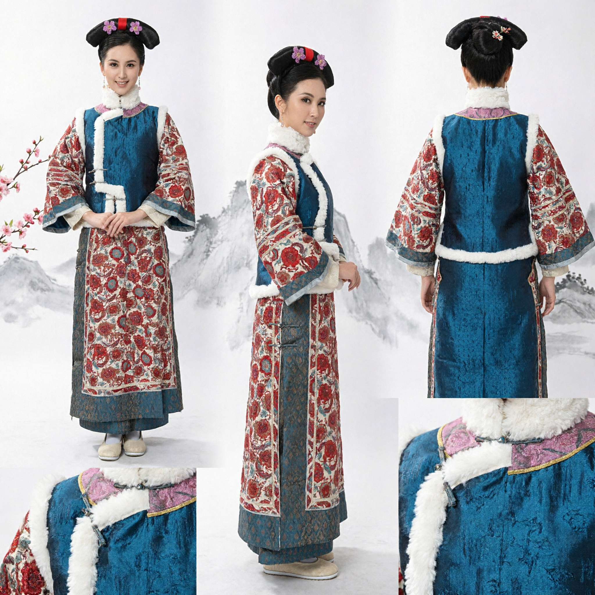 Traditionelles chinesisches Qing-Dynastie-Manchu-Adelsdamen-Kostüm Komplettset mit Kopfschmuck für Frauen, Bühnenaufführung - Asian Costume