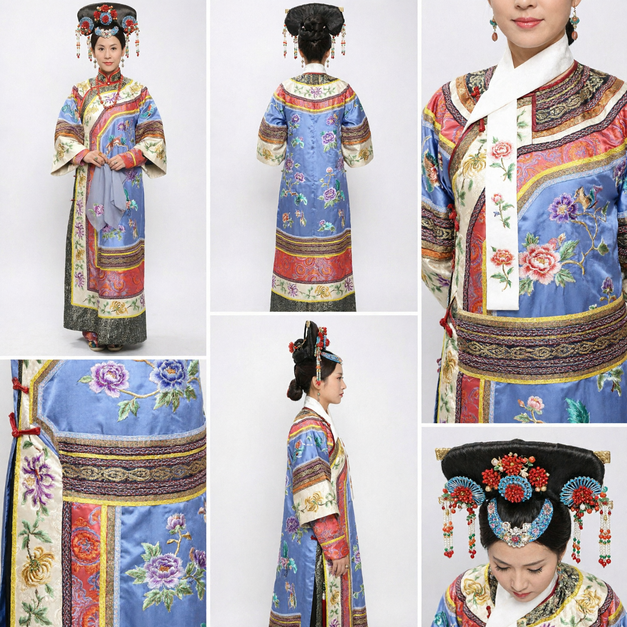 Set Costume da Nobildonna Manciù della Dinastia Qing Cinese con Veste Blu Ricamata e Copricapo per Donna - Asian Costume
