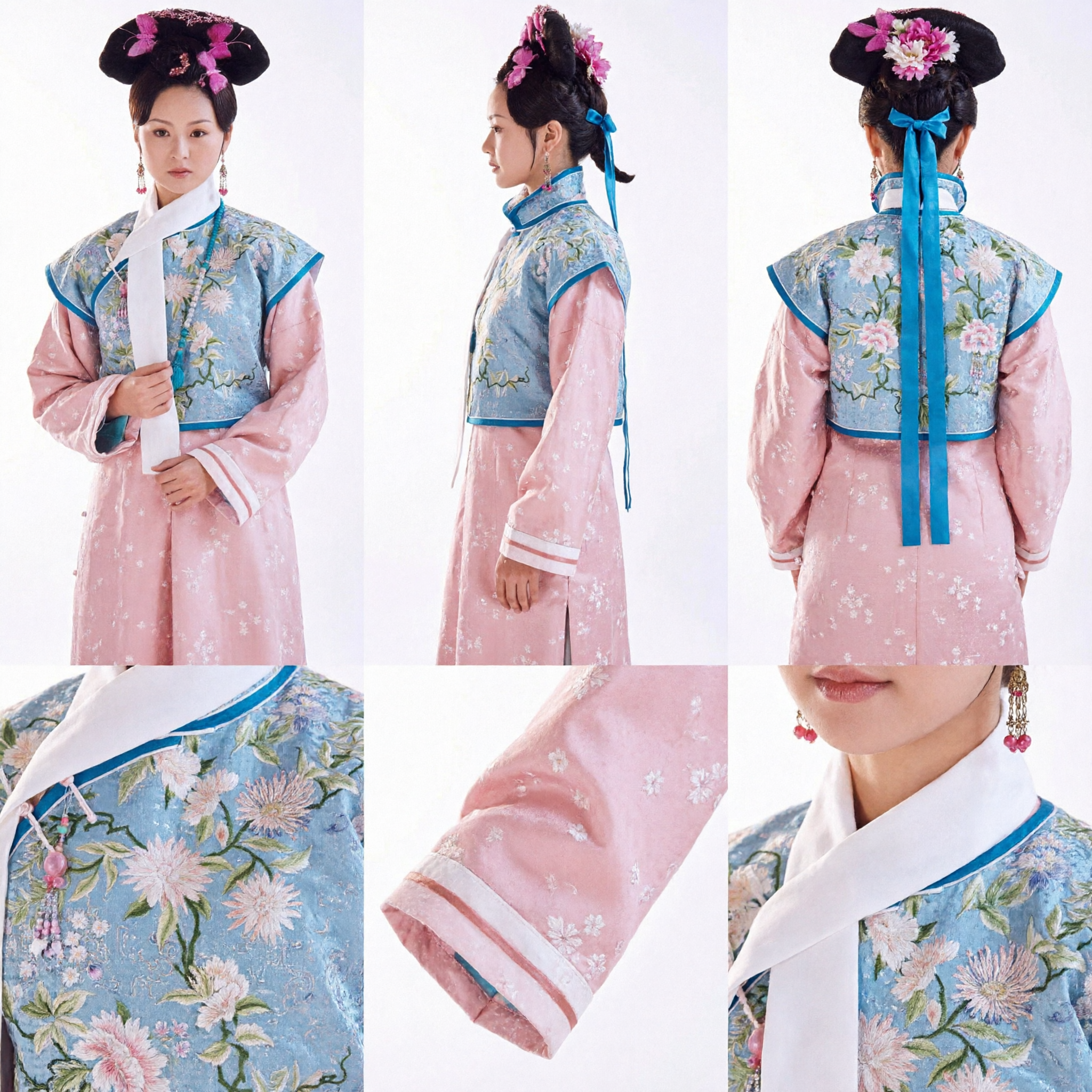Costume de princesse de la dynastie Qing chinoise - Cape nuage brodée florale bleue et robe rose pour tenue de cosplay historique - Asian Costume