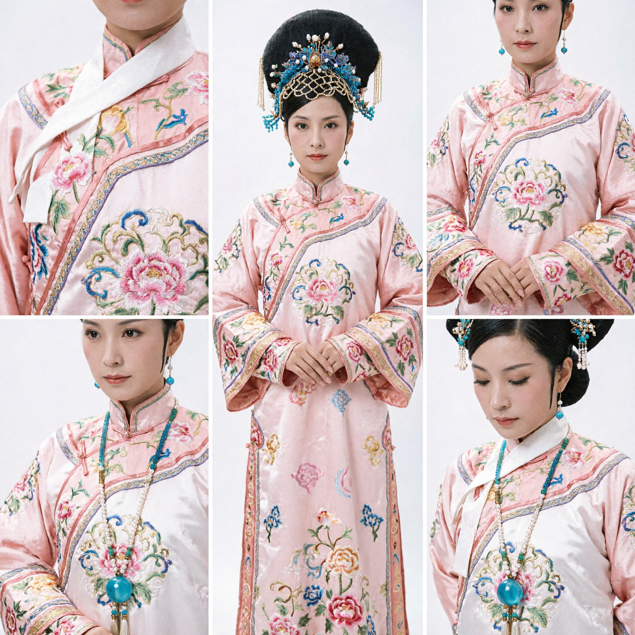 Conjunto Completo de Traje Tradicional de Dama Noble de la Dinastía Qing China Túnica Rosa Bordada y Tocado para Mujer - Asian Costume