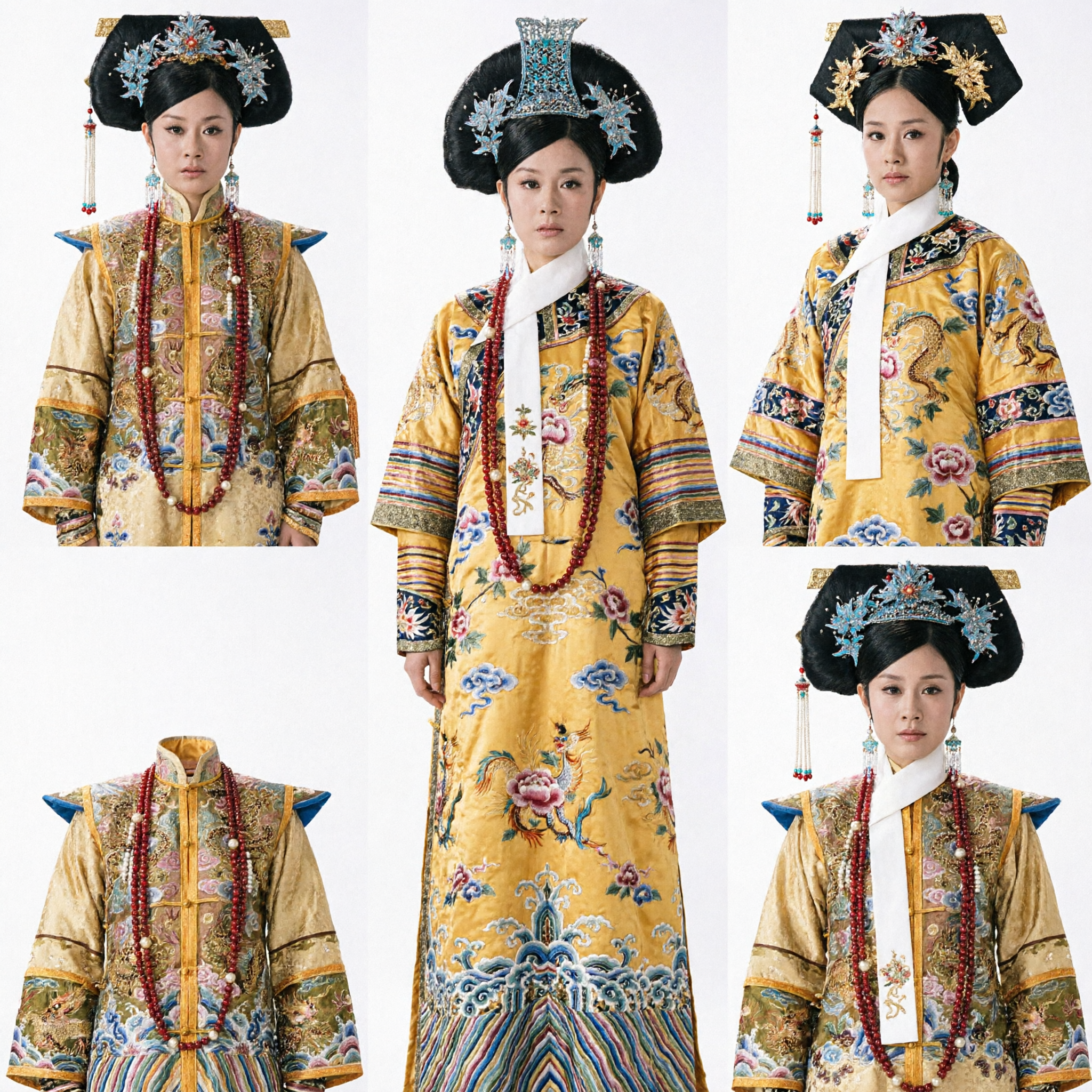 Traditional Chinese Qing Dynasty Empress Yellow Dragon Robe Costume Set with Ornate Headdress for Women Cosplay - Asian Costume