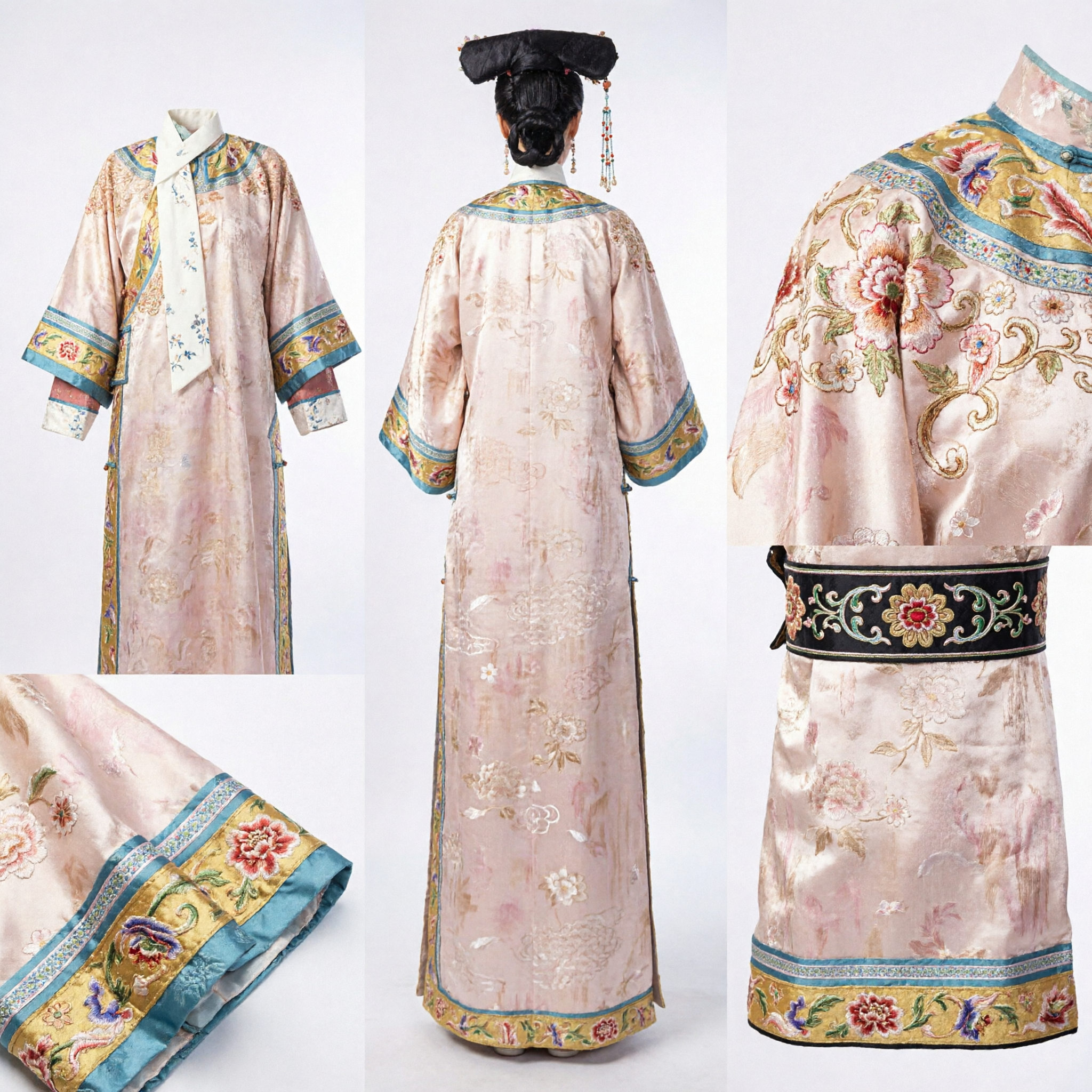 Traditional Chinese Qing Dynasty Manchu Princess Embroidered Robe and Headdress Complete Costume Set for Women Drama - Asian Costume