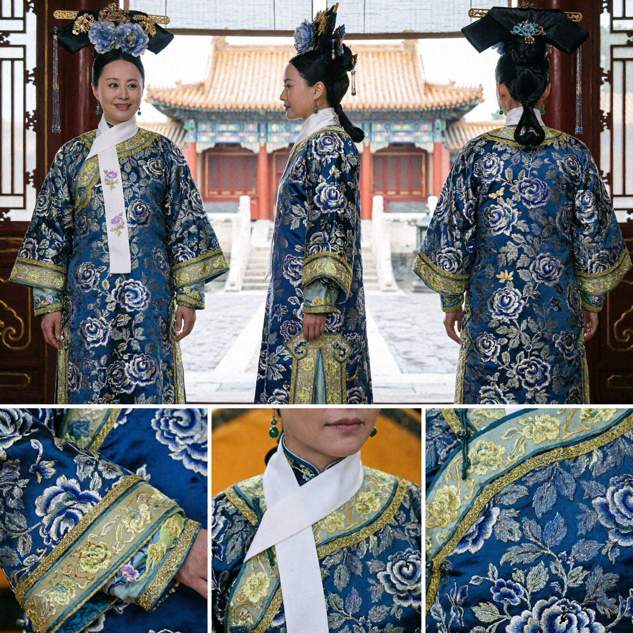 Traditionelles chinesisches Qing-Dynastie-Manchu-Adelsdamen besticktes Kostüm und Kopfschmuck-Set für Frauen - Asian Costume