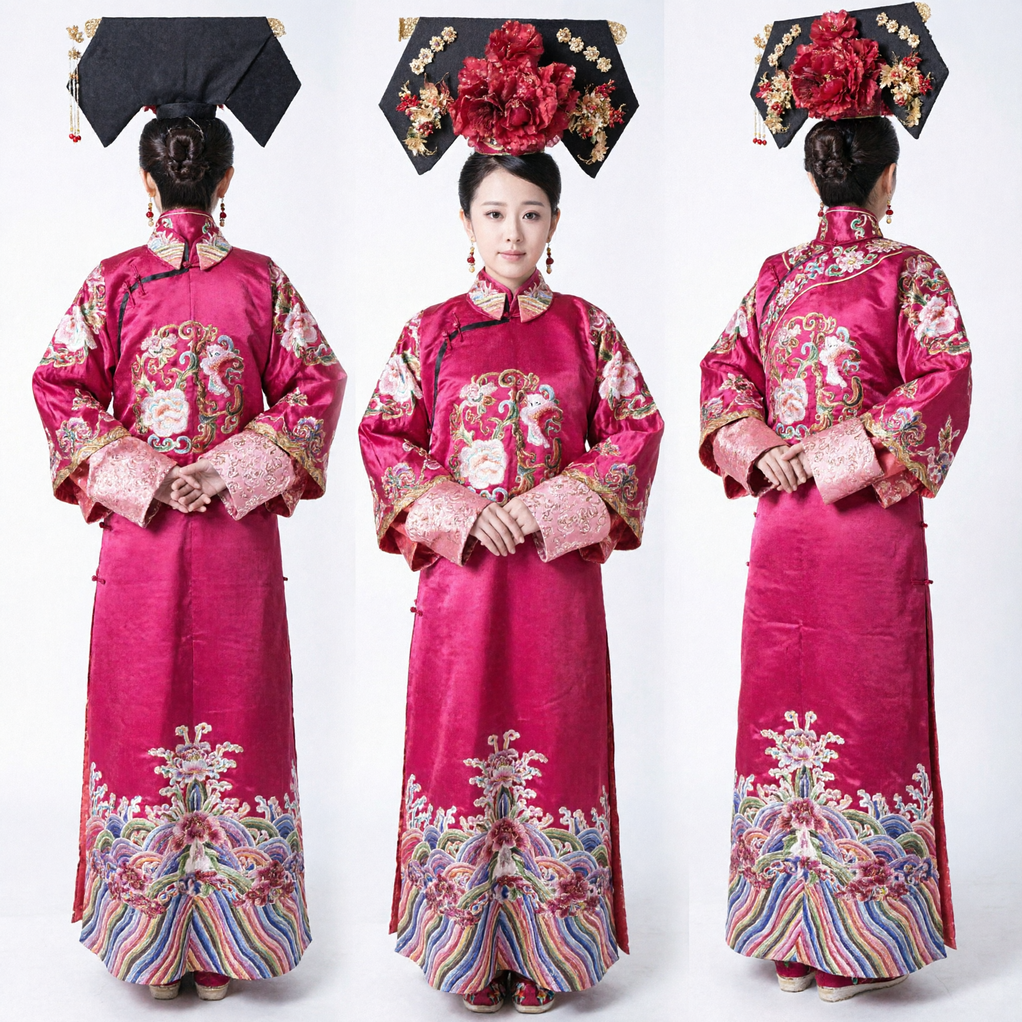 Set completo del costume della principessa Manciù della dinastia Qing tradizionale cinese, abito rosa ricamato con copricapo - Asian Costume