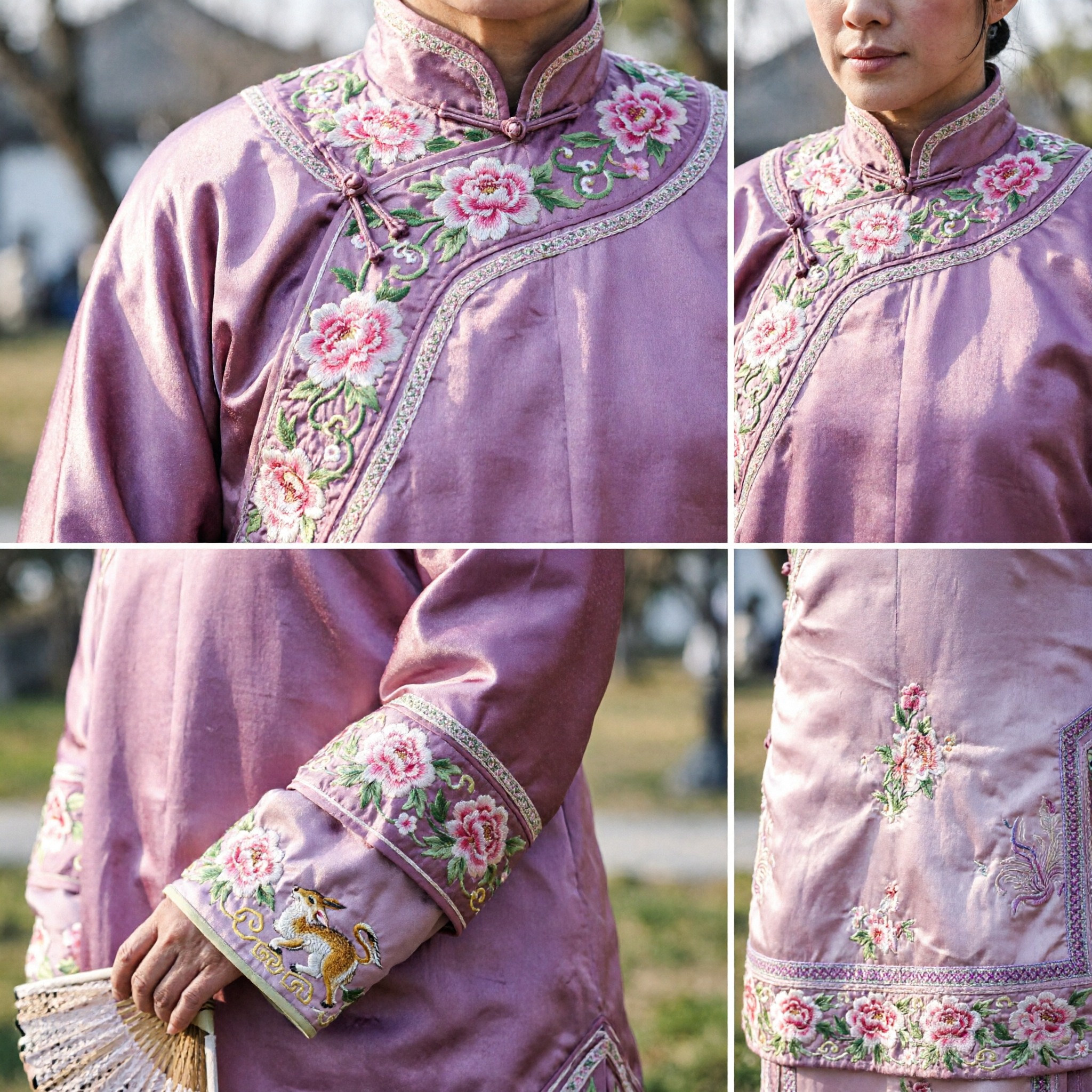 Set completo del costume della principessa Manciù della dinastia Qing tradizionale cinese, mantello in pelliccia rosa e abito ricamato - Asian Costume