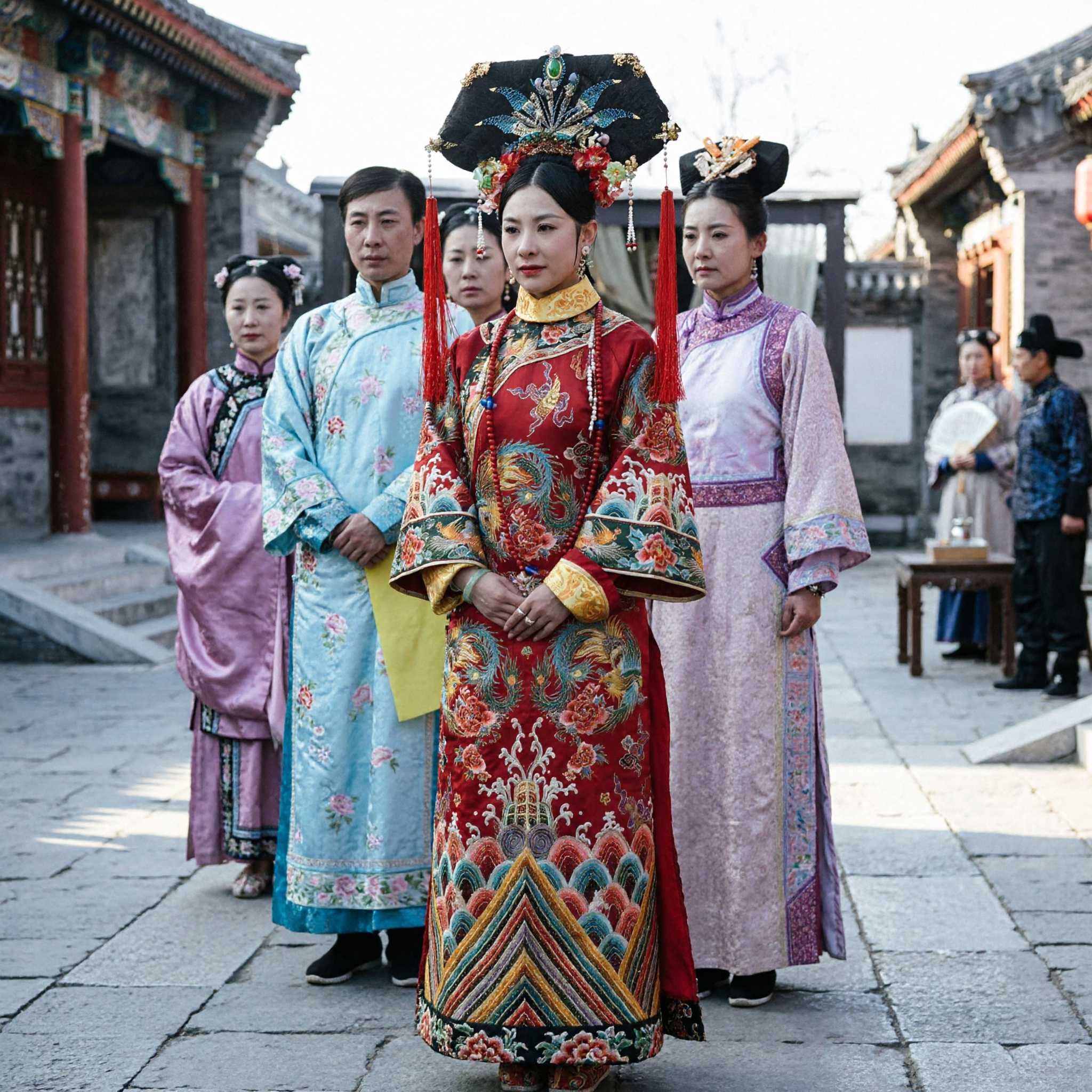 Traditionelles chinesisches Qing-Dynastie-Kaiserin Rotes Drachengewand besticktes Manchu-Kostüm für Frauen Bühnenauftritt - Asian Costume