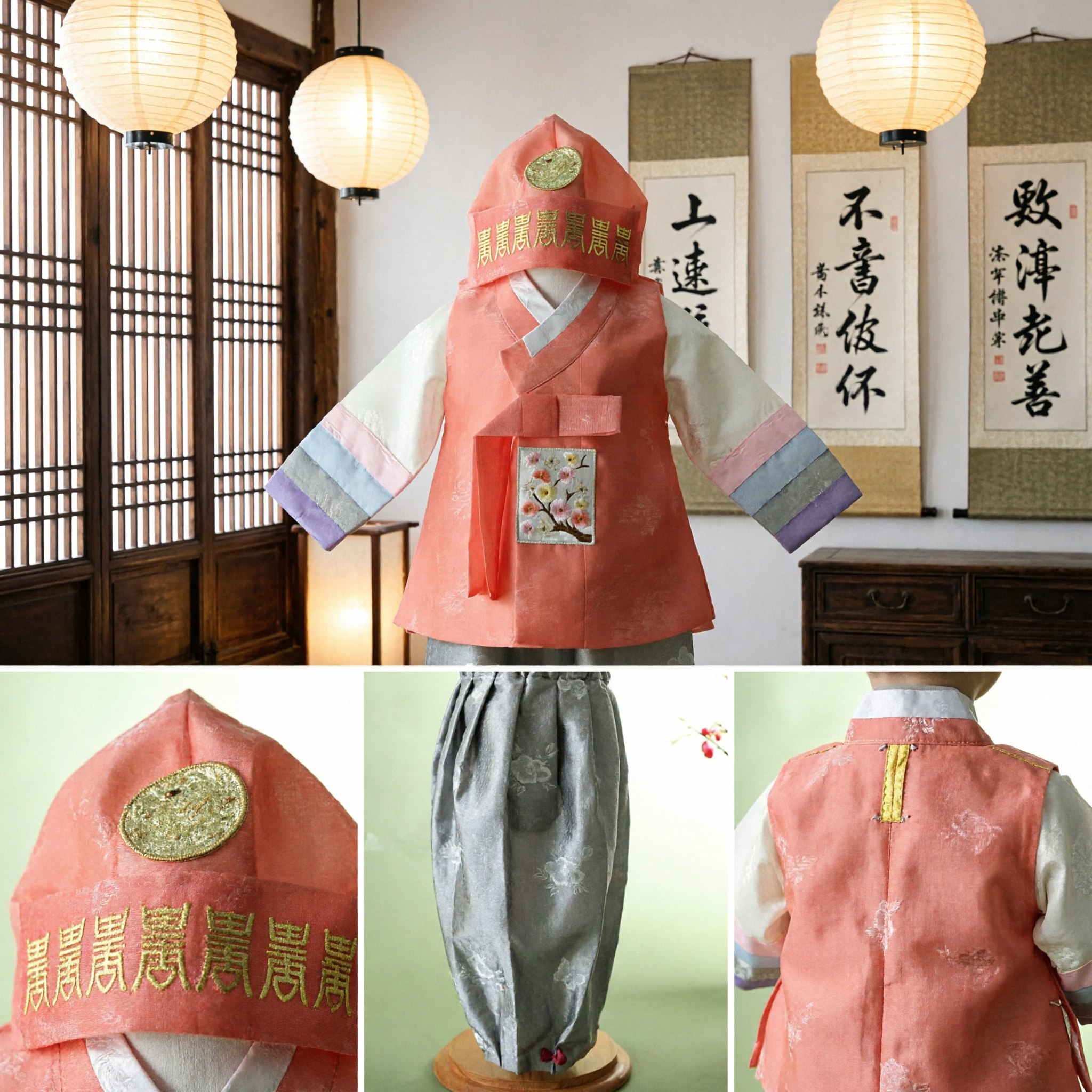 Hanbok traditionnel coréen pour garçonnet - Tenue pour le premier anniversaire Doljanchi - Ensemble gilet et chapeau en soie - Asian Costume
