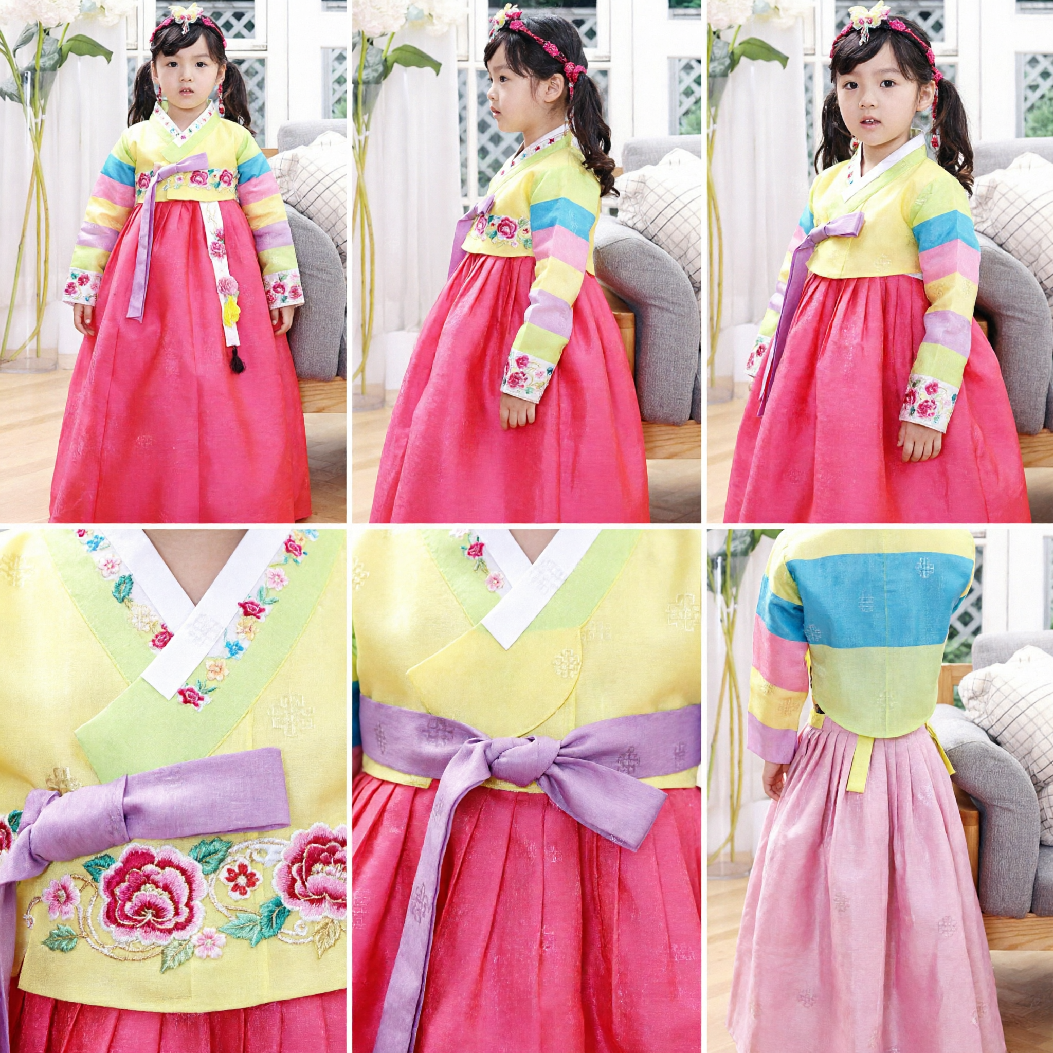 Abito Hanbok tradizionale coreano per ragazze top giallo gonna rosa ricamato costume per bambini per festival - Asian Costume