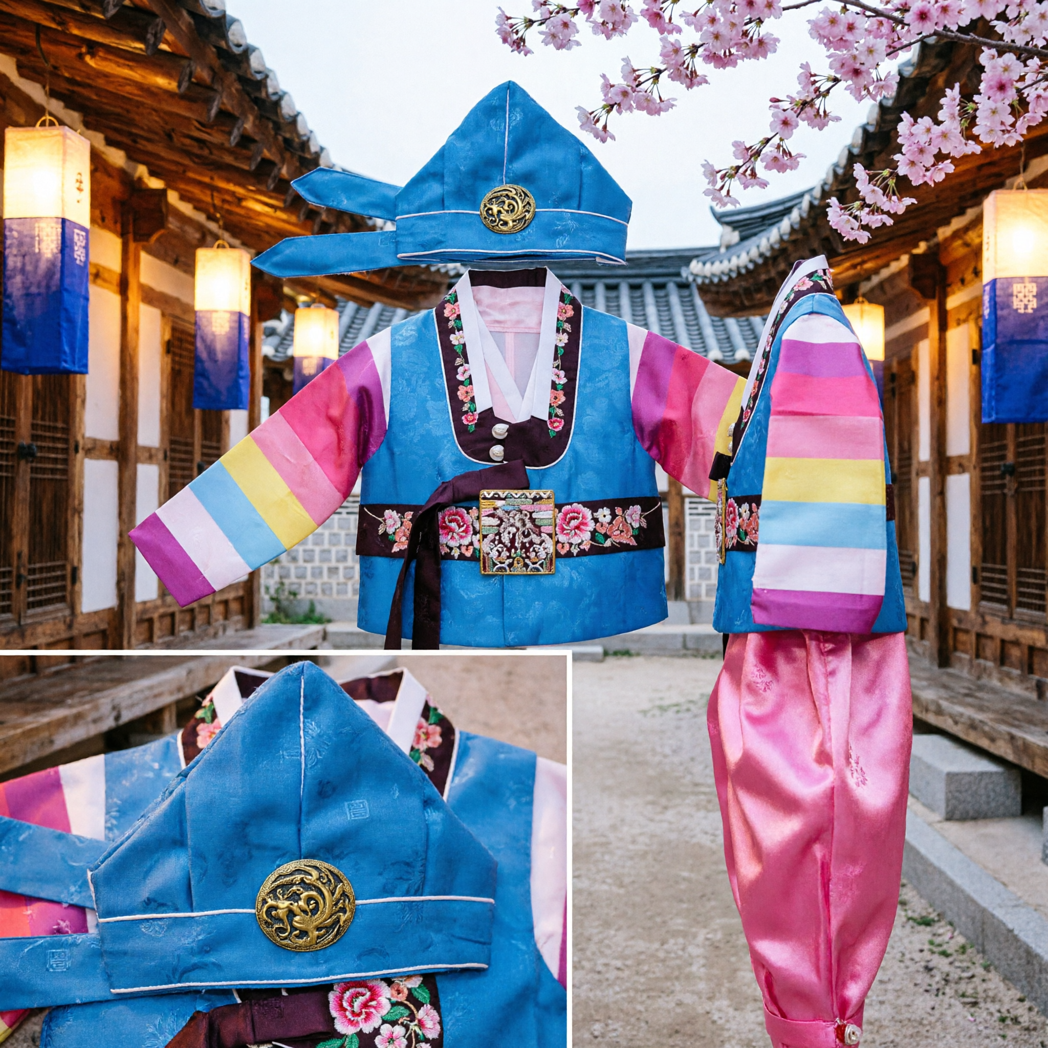 Conjunto Hanbok Coreano Tradicional para Bebê Dolbok Colete com Mangas Arco-Íris Azul Calças Rosa para Primeiro Aniversário Doljanchi - Asian Costume
