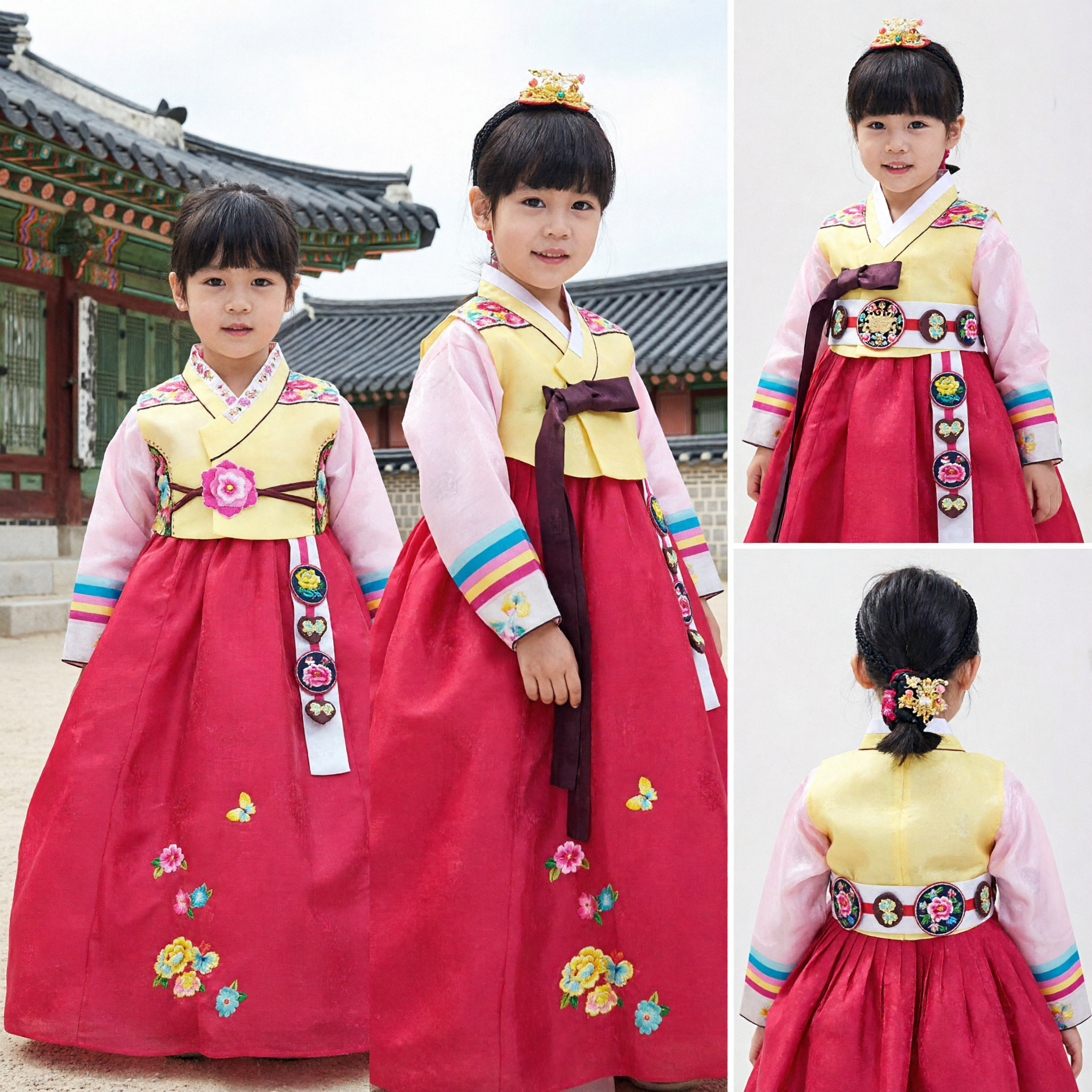 Mädchen Koreanisches traditionelles Hanbok-Kleid Kinder-Prinzessinnen-Kostüm Rosa Hose Gelbes Oberteil Fest-Auftrittskleidung - Asian Costume