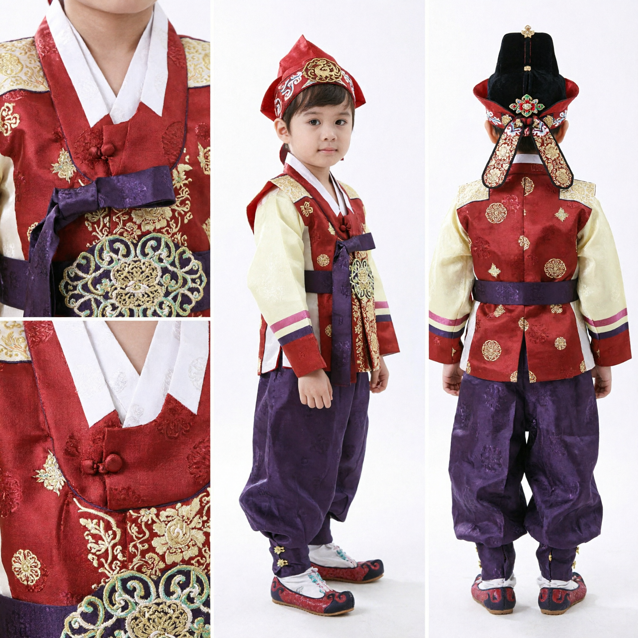 Hanbok Tradicional Coreano para Niños Traje Bordado Rojo y Dorado para Fiesta de Doljanchi y Boda - Asian Costume