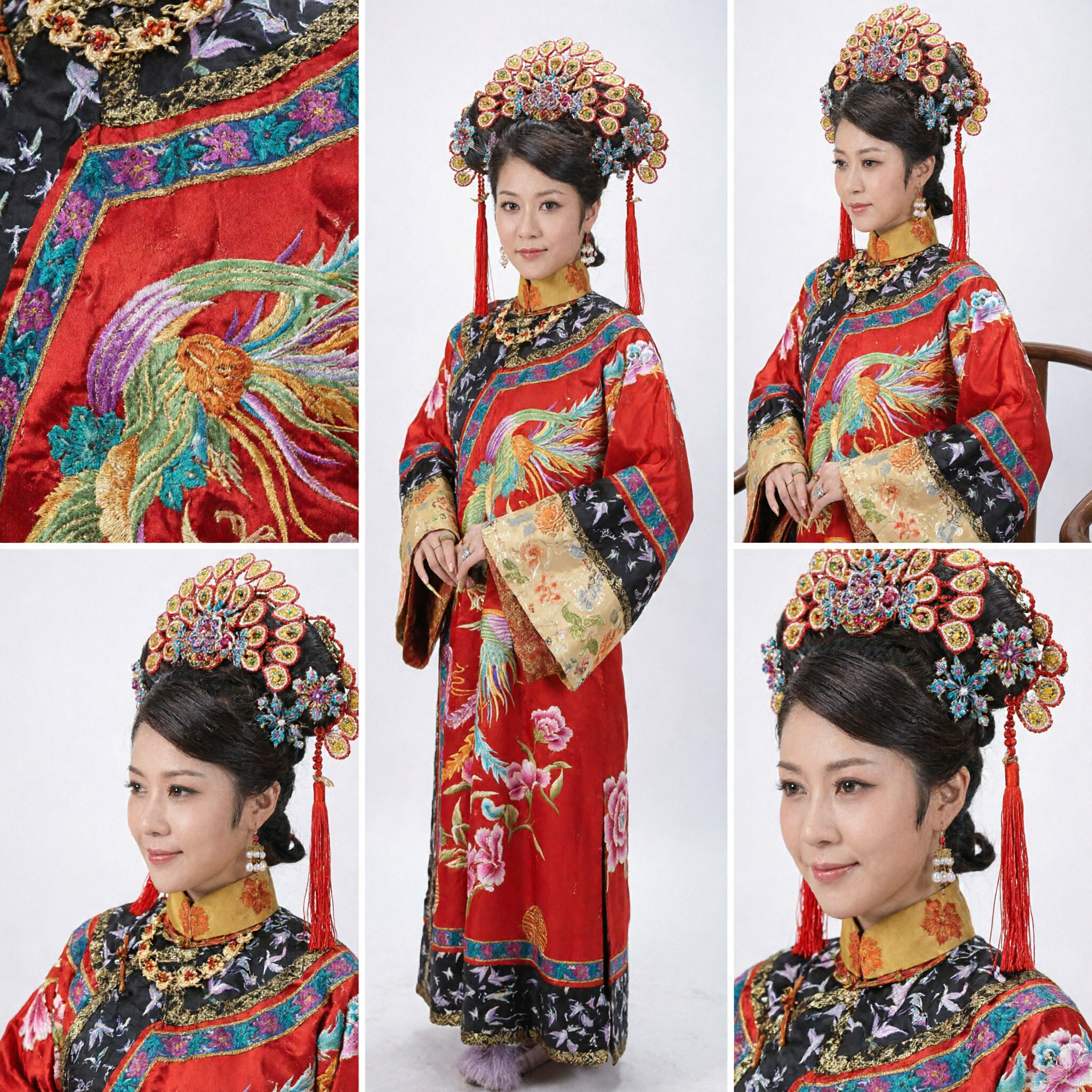 Traje de Emperatriz de la Dinastía Qing China Túnica Roja con Bordado de Fénix y Tocado para Mujeres para Actuaciones - Asian Costume