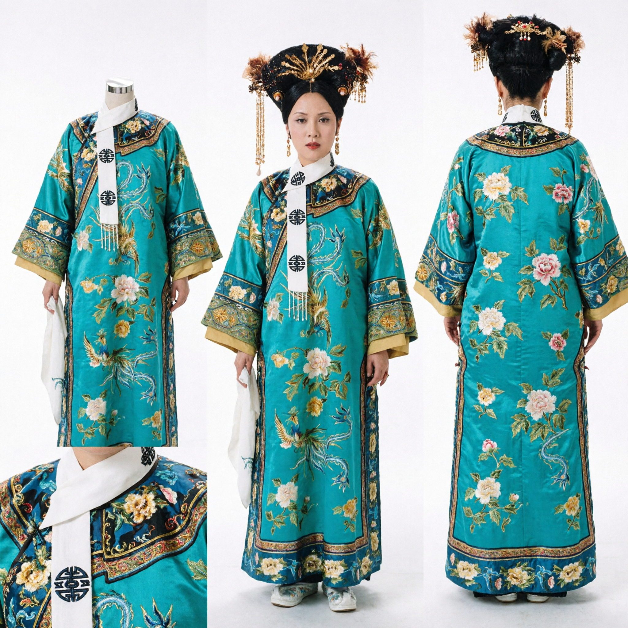 Costume d'impératrice mandchoue de la dynastie Qing chinoise - Robe brodée bleu-vert avec coiffe pour femmes - Asian Costume