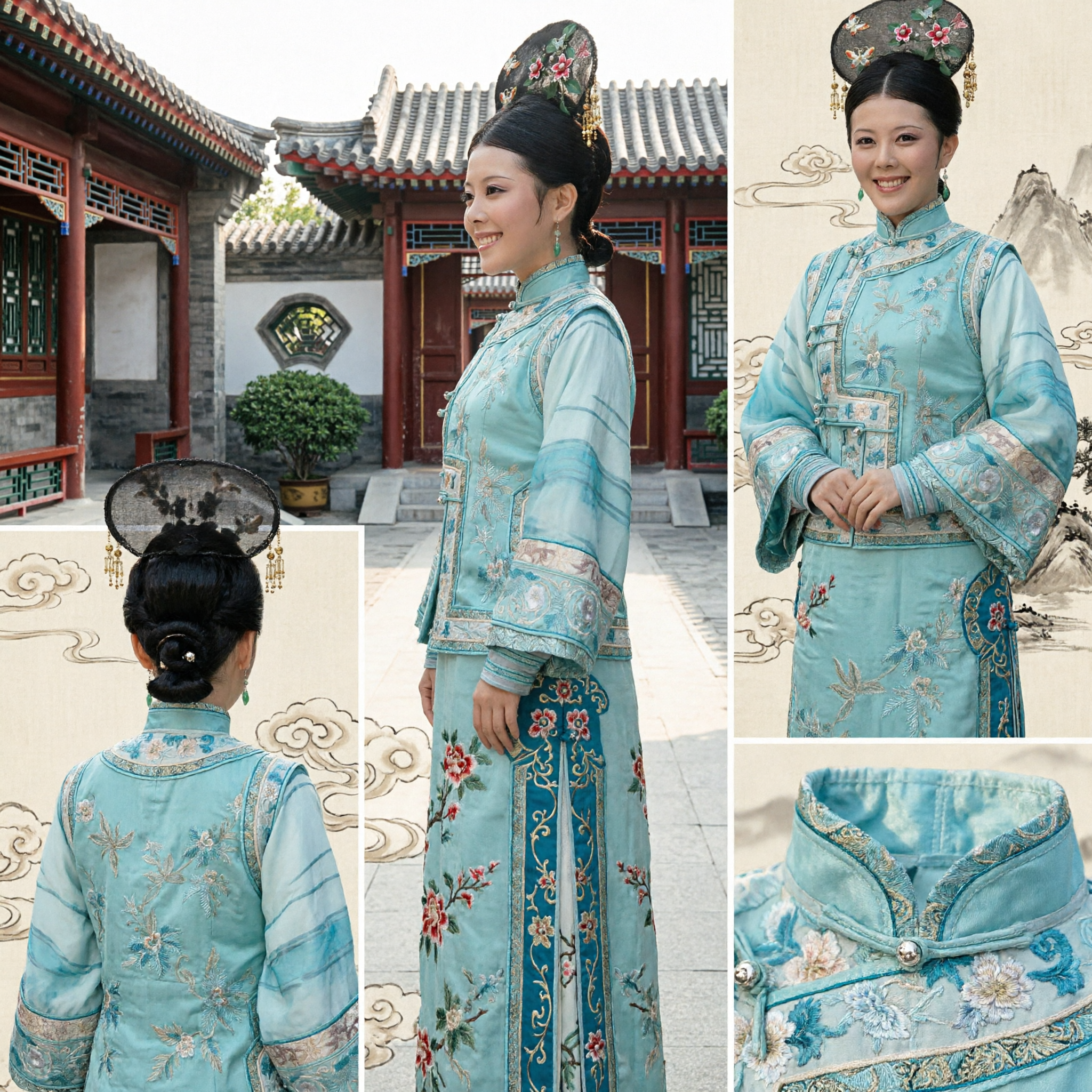 Traditioneel Chinees Qing-dynastie paleisdame kostuum complete set lichtblauwe geborduurde mantel met bloemen hoofdtooi voor vrouwen - Asian Costume