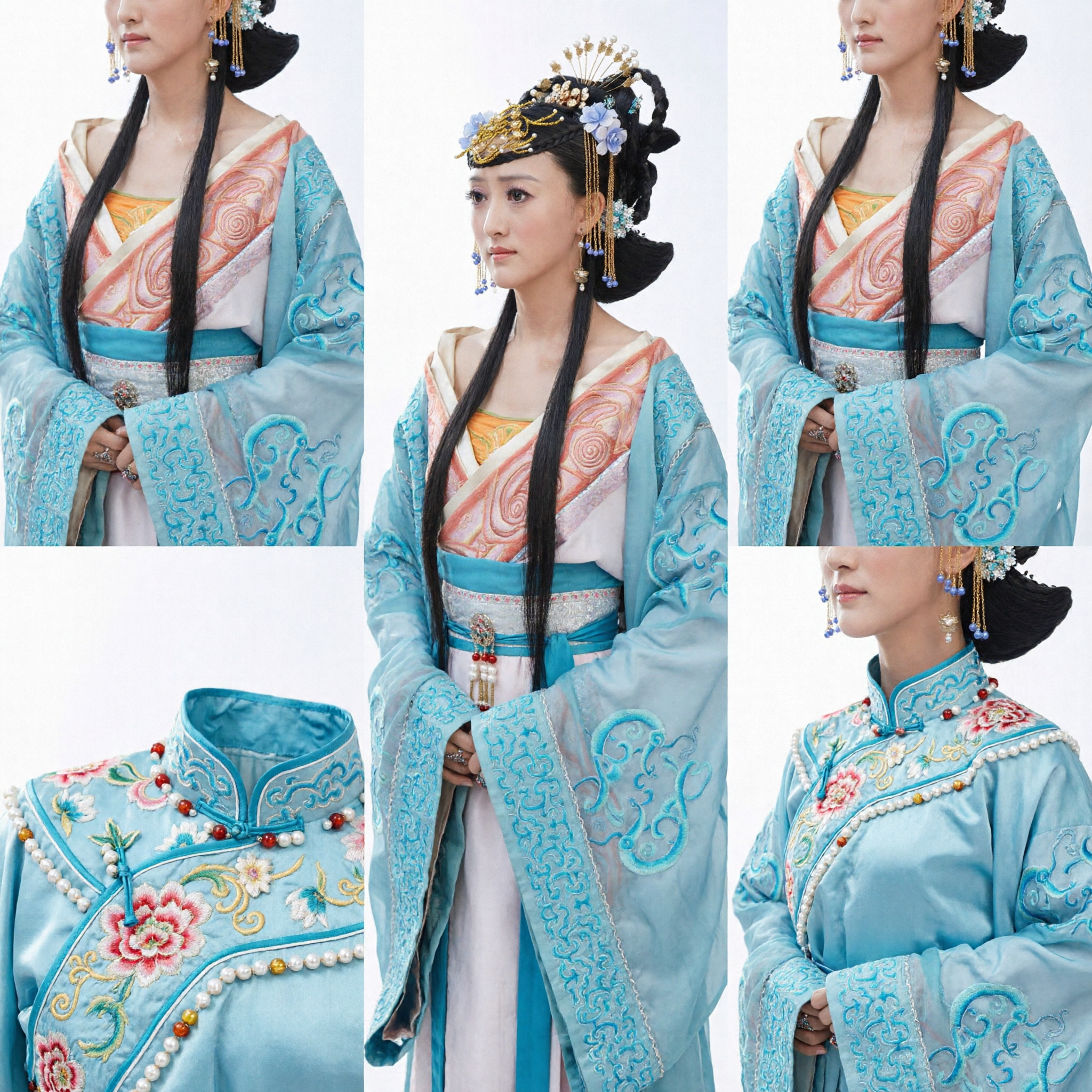 Complete Ancient Chinese Palace Princess Hanfu Costume Set Blue Embroidered Robe with Pearl Hair Accessories for Women - Asian Costume