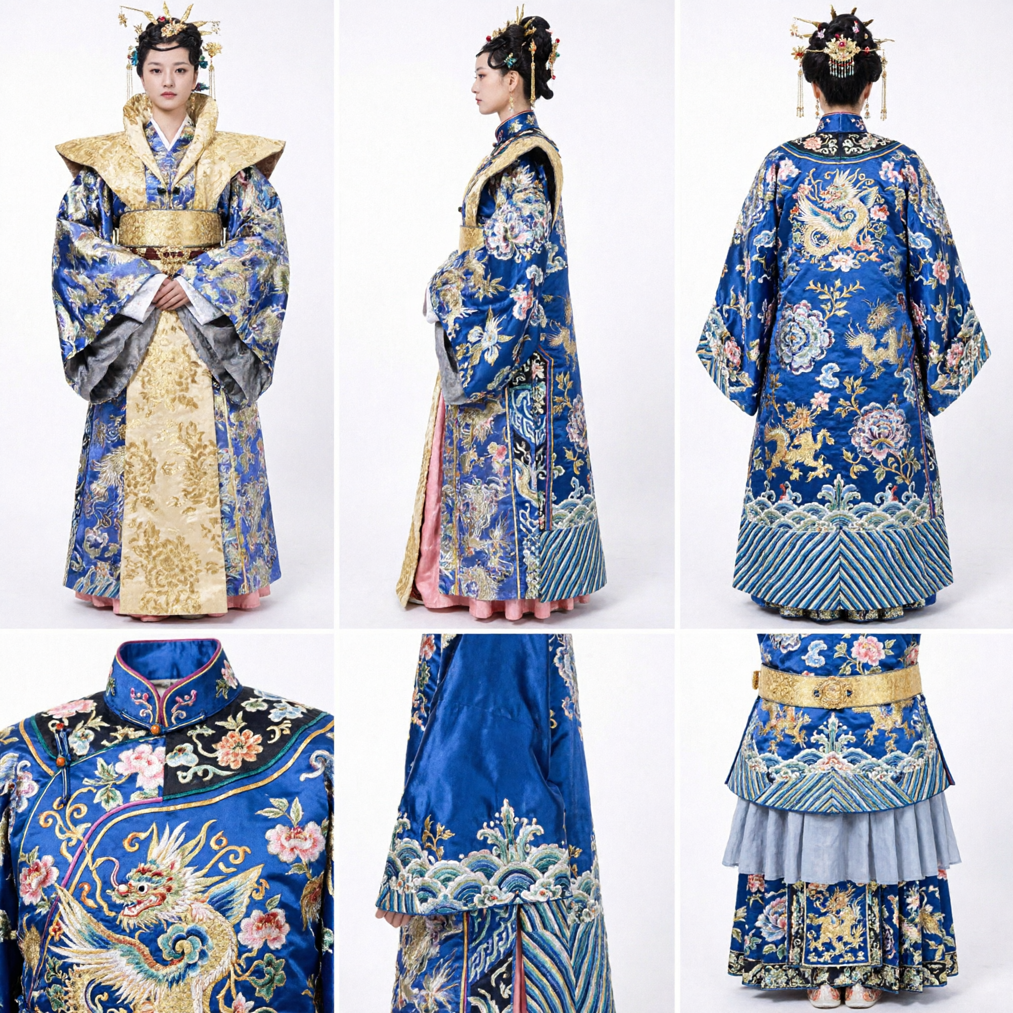 Disfraz de Emperatriz China Tradicional, Vestido Hanfu Real Azul Antiguo con Bordado Dorado para Mujeres - Asian Costume