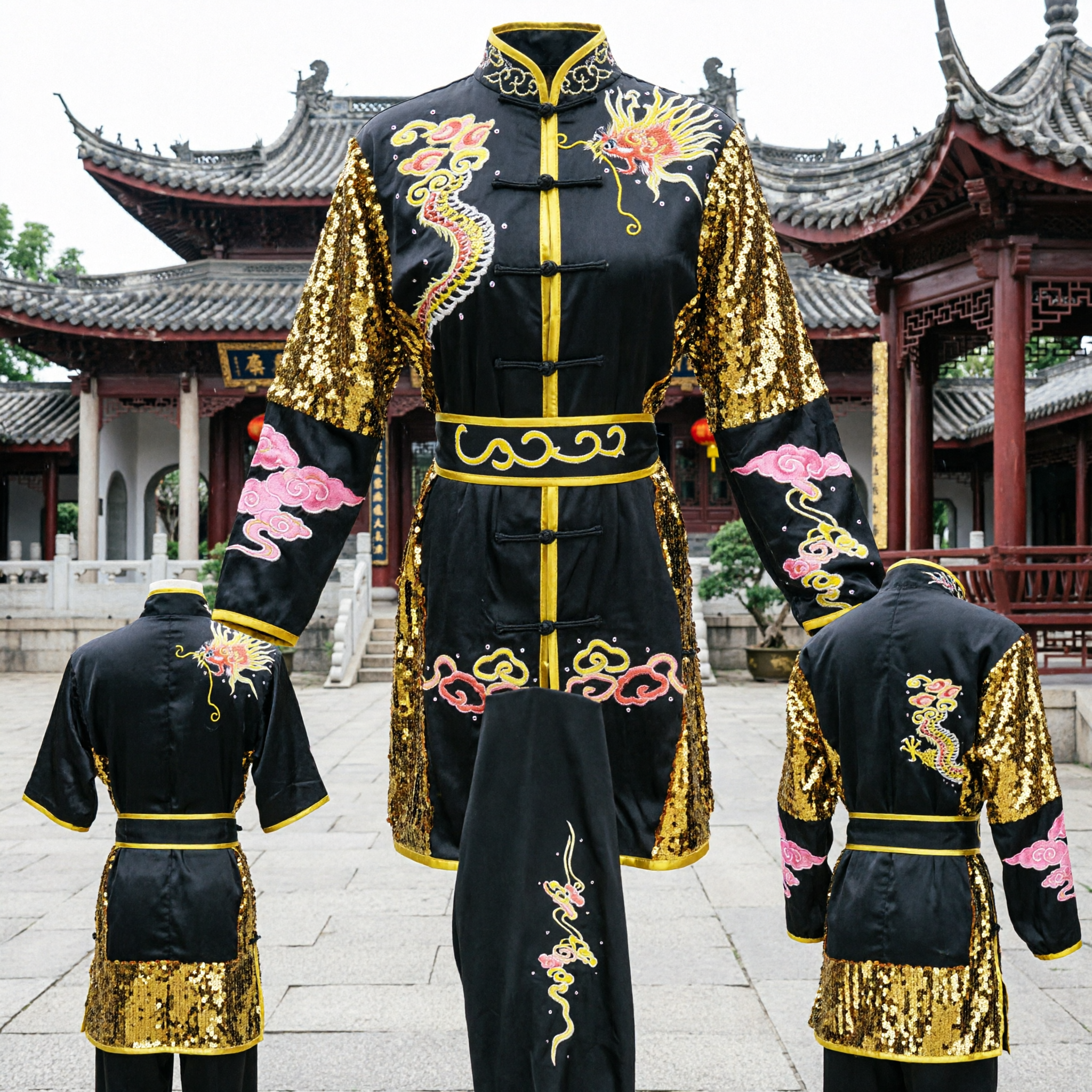 Schwarzer Drachen-Kung-Fu-Anzug für Männer traditionelles Wushu-Tai-Chi-Kostüm mit Goldpailletten-Details - Asian Costume