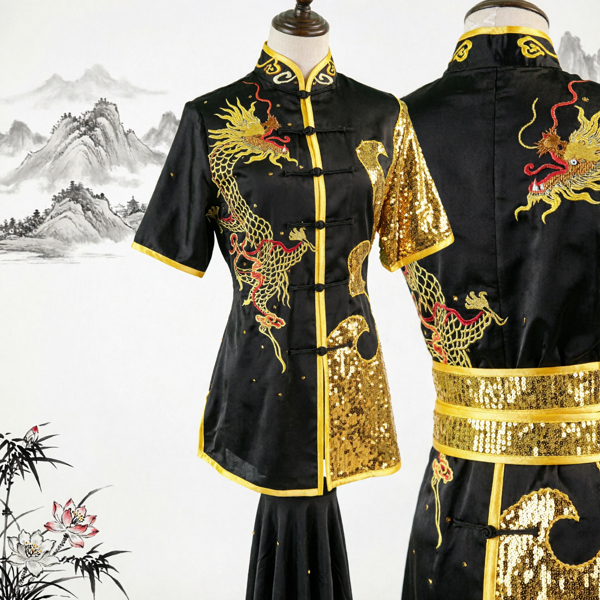 Uniforme de Kung Fu Tradicional Chino para Hombres, Dragón Negro y Dorado con Lentejuelas, Disfraz para Representación de Wushu y Artes Marciales - Asian Costume