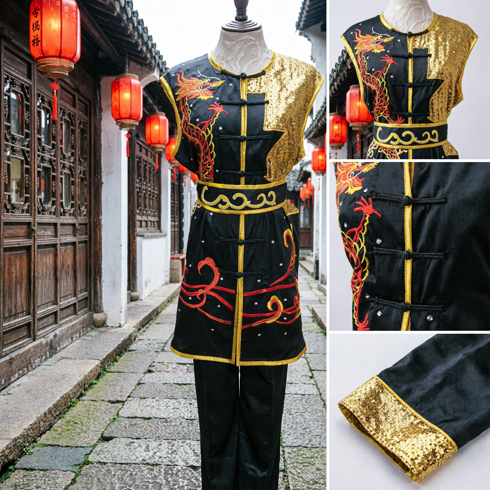 Conjunto de Uniforme de Kung Fu Tradicional Chinês, Bordado de Dragão Preto e Dourado, Fantasia para Performance de Artes Marciais Wushu para Homens - Asian Costume