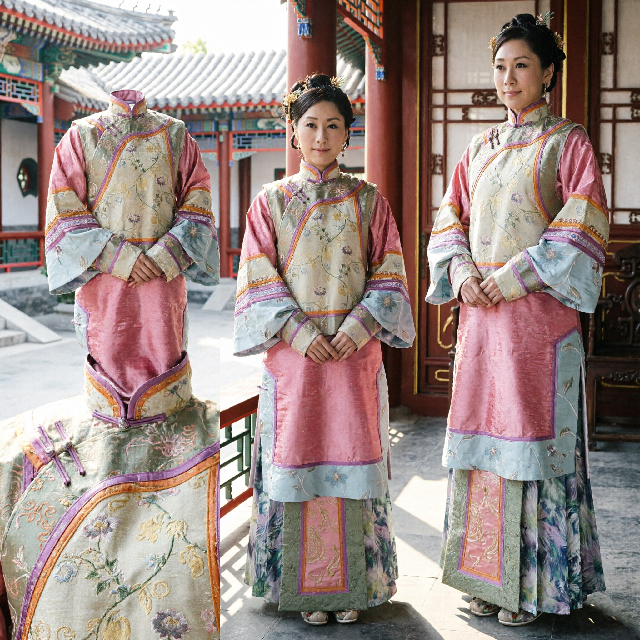Traditionelles chinesisches Qing-Dynastie-Manchu-Dame-Kostüm rosa besticktes antikes Prinzessinnen-Kleid für Cosplay-Auftritt - Asian Costume