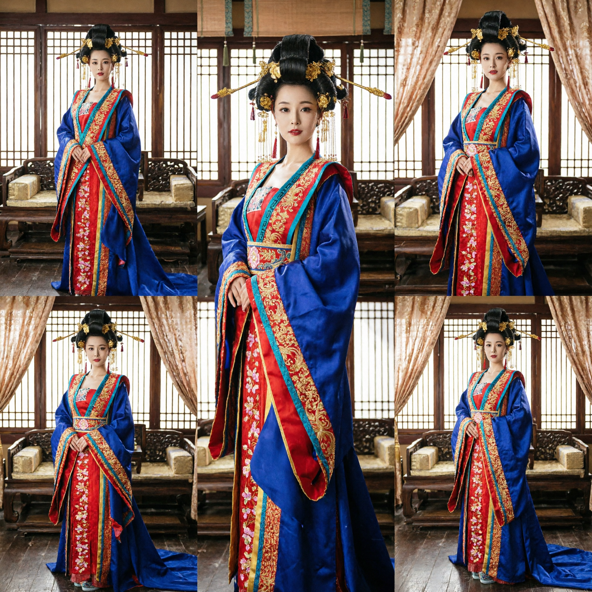 Costume Hanfu d'Impératrice de la Dynastie Tang Traditionnelle Chinoise - Robe Brodée Bleue et Rouge pour Femmes - Asian Costume