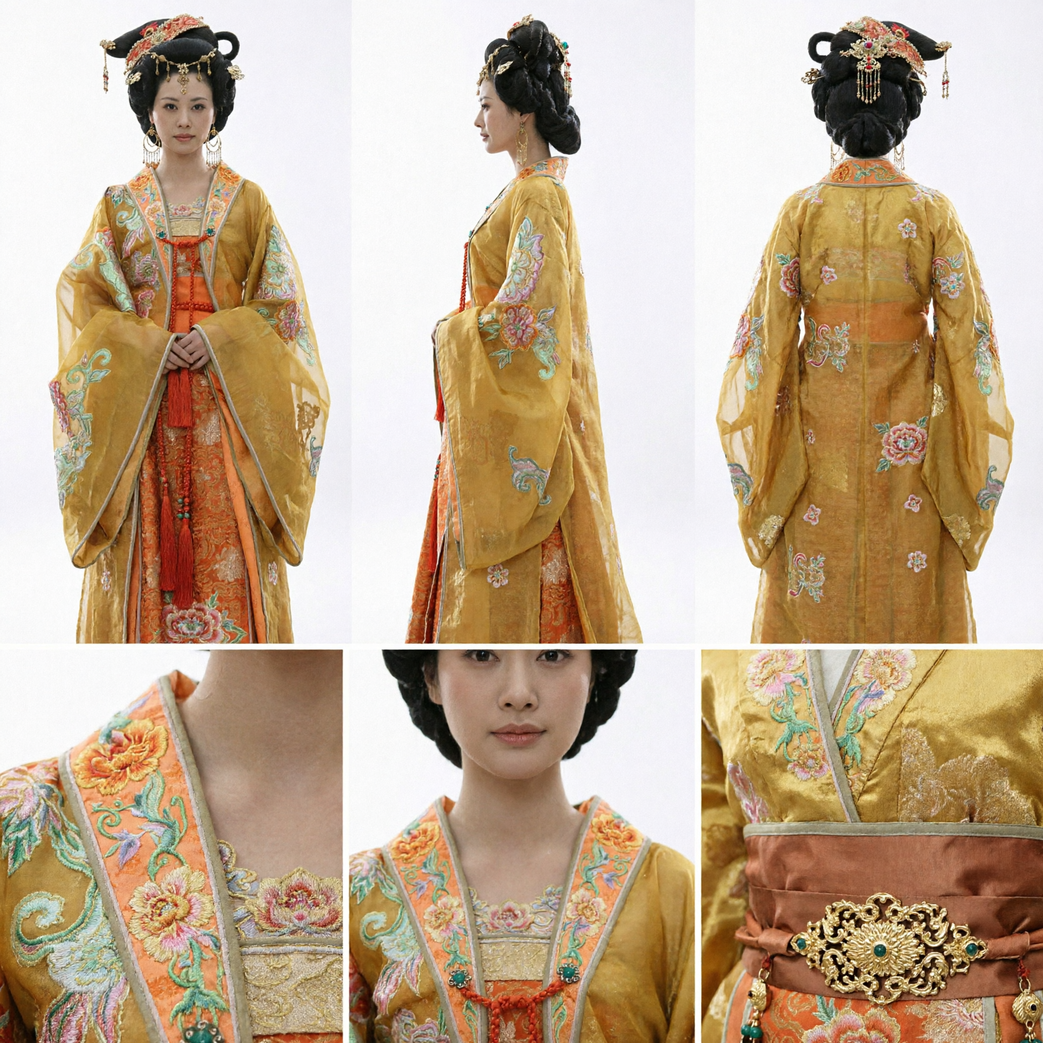 전통 중국 당나라 황후 의상 고대 궁중 귀부인 한푸 드레스 노란색 로브 여성 - Asian Costume