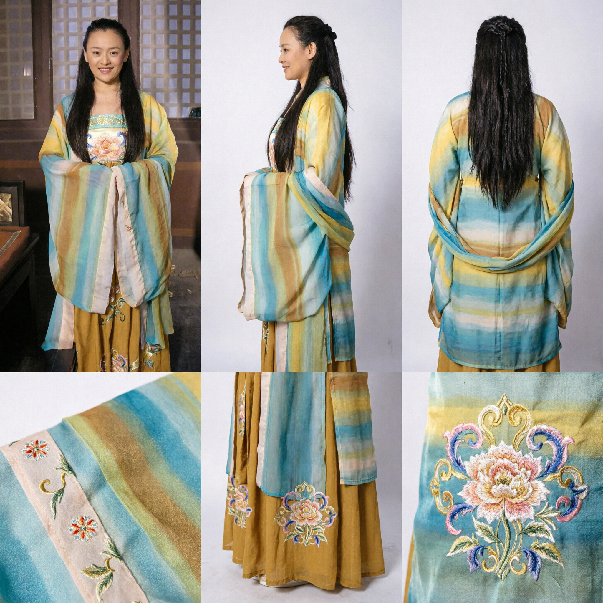 Antico Set di Costume Hanfu Ruqun della Dinastia Tang Cinese con Sciarpa Pibo a Righe per Donne Cosplay Storico - Asian Costume