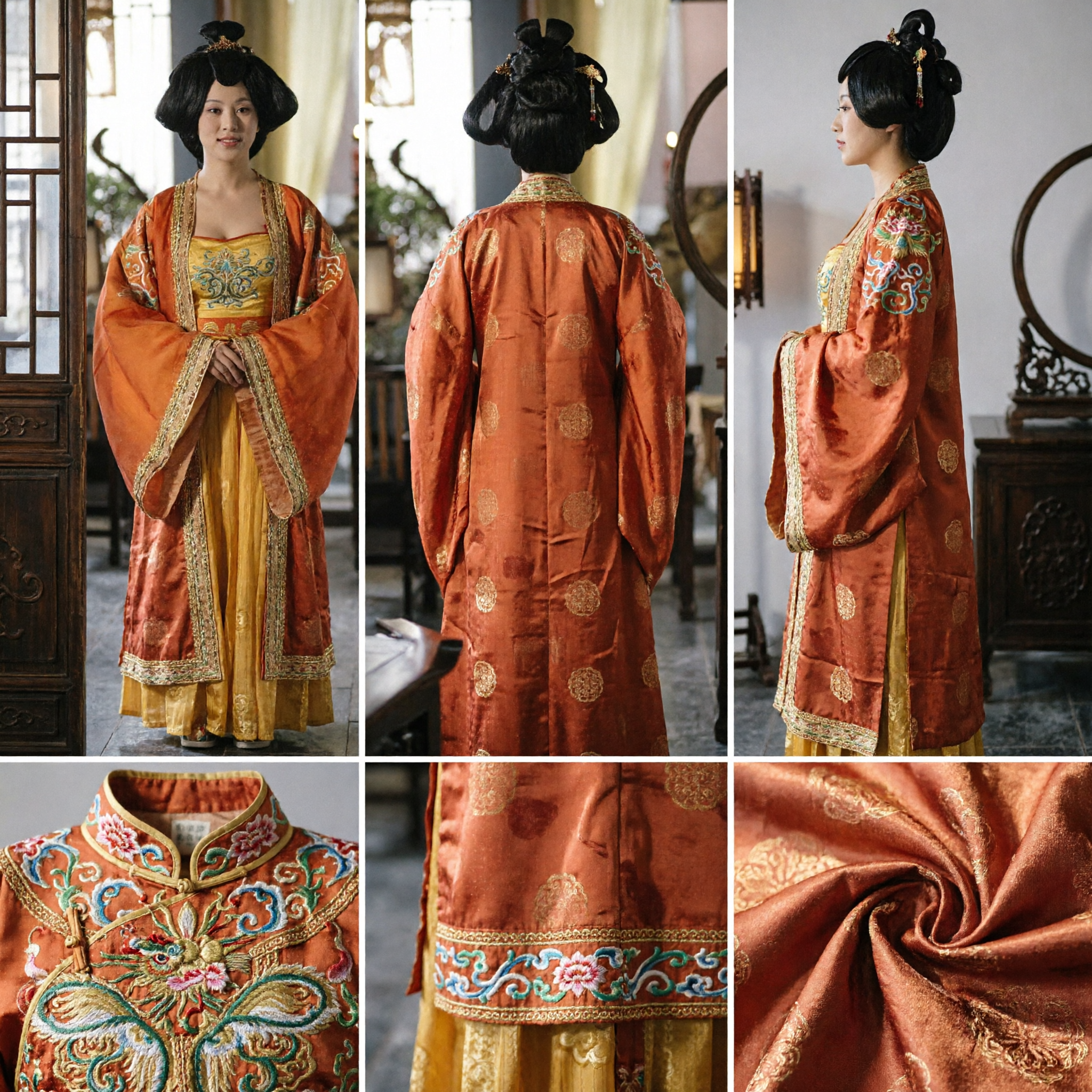 Traditionelles Hanfu-Kostüm der chinesischen Tang-Dynastie für Frauen orangefarbenes besticktes Gewand antikes Palastkleid - Asian Costume