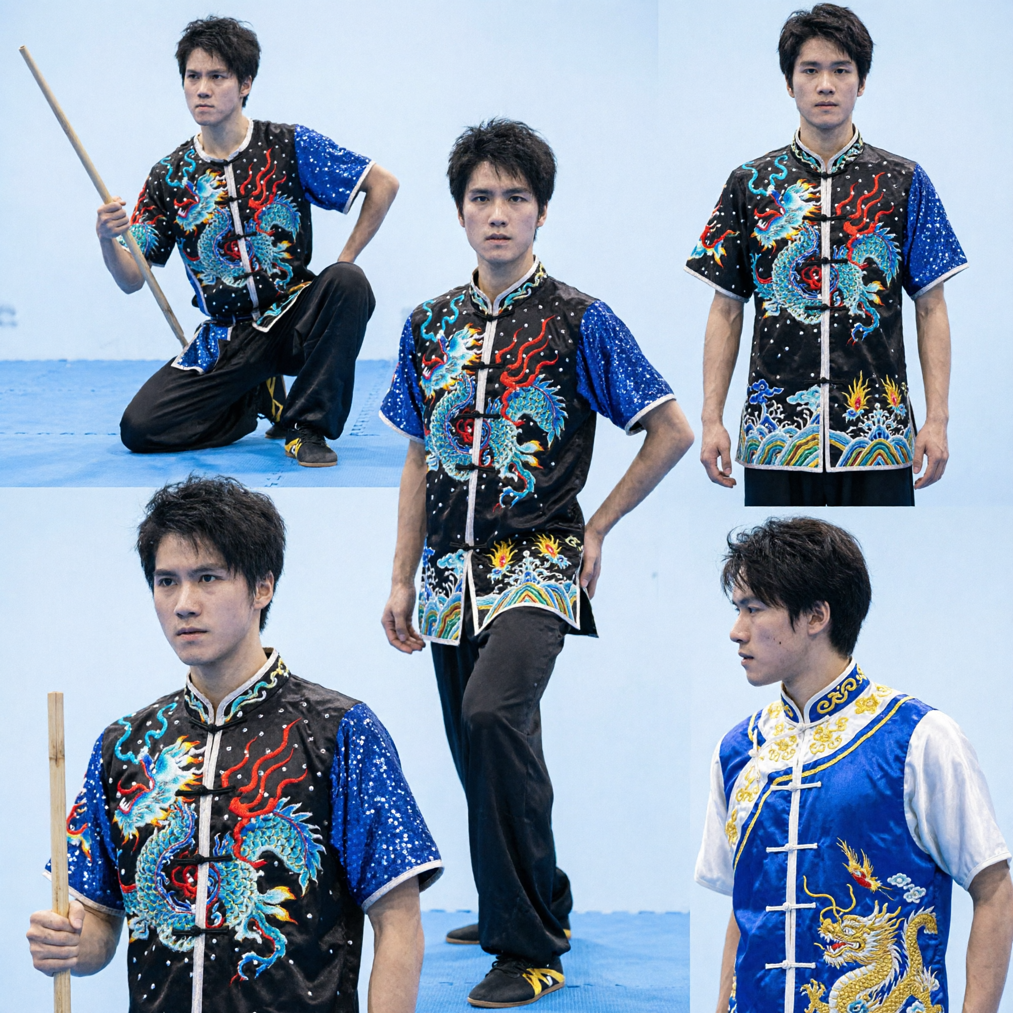 Uniforme Profesional Wushu Kung Fu para Hombre Traje de Competencia Negro con Dragón de Lentejuelas para Exhibición de Artes Marciales - Asian Costume