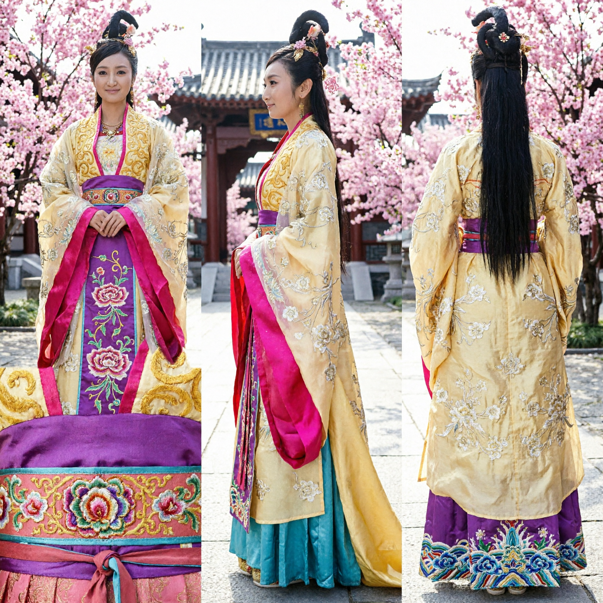 Vrouwen Oud Chinese Prinses Hanfu Kostuum Tang-dynastie Stijl Geel Geborduurde Gewaad en Roze Rok Set - Asian Costume