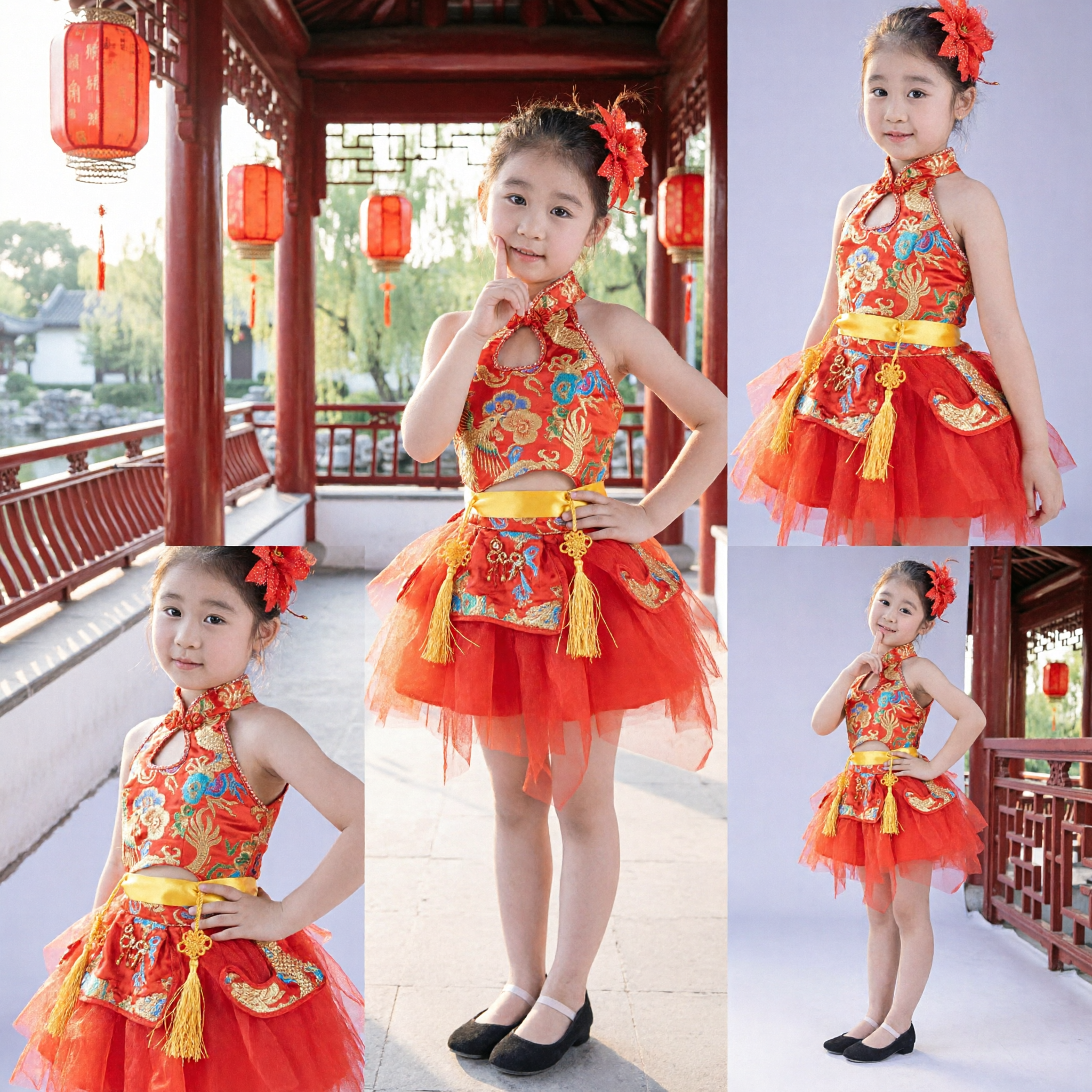 Traje de Dança Tradicional Chinesa para Crianças Cheongsam com Bordado de Fênix Vermelha Vestido de Performance no Palco para Meninas - Asian Costume