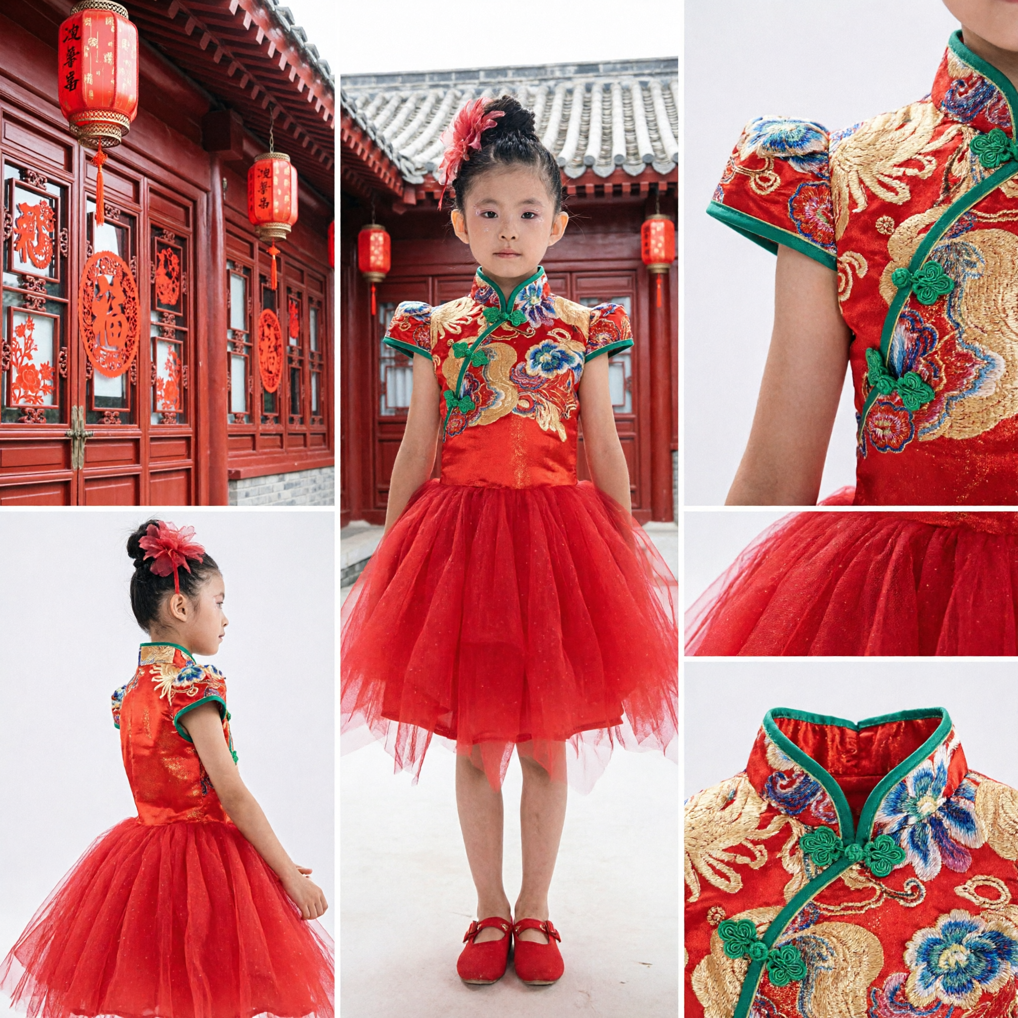 Kinder Mädchen traditionelles chinesisches Cheongsam-Kleid, rote Blumen-Qipao-Oberteil mit Tüllrock für Aufführungen - Asian Costume
